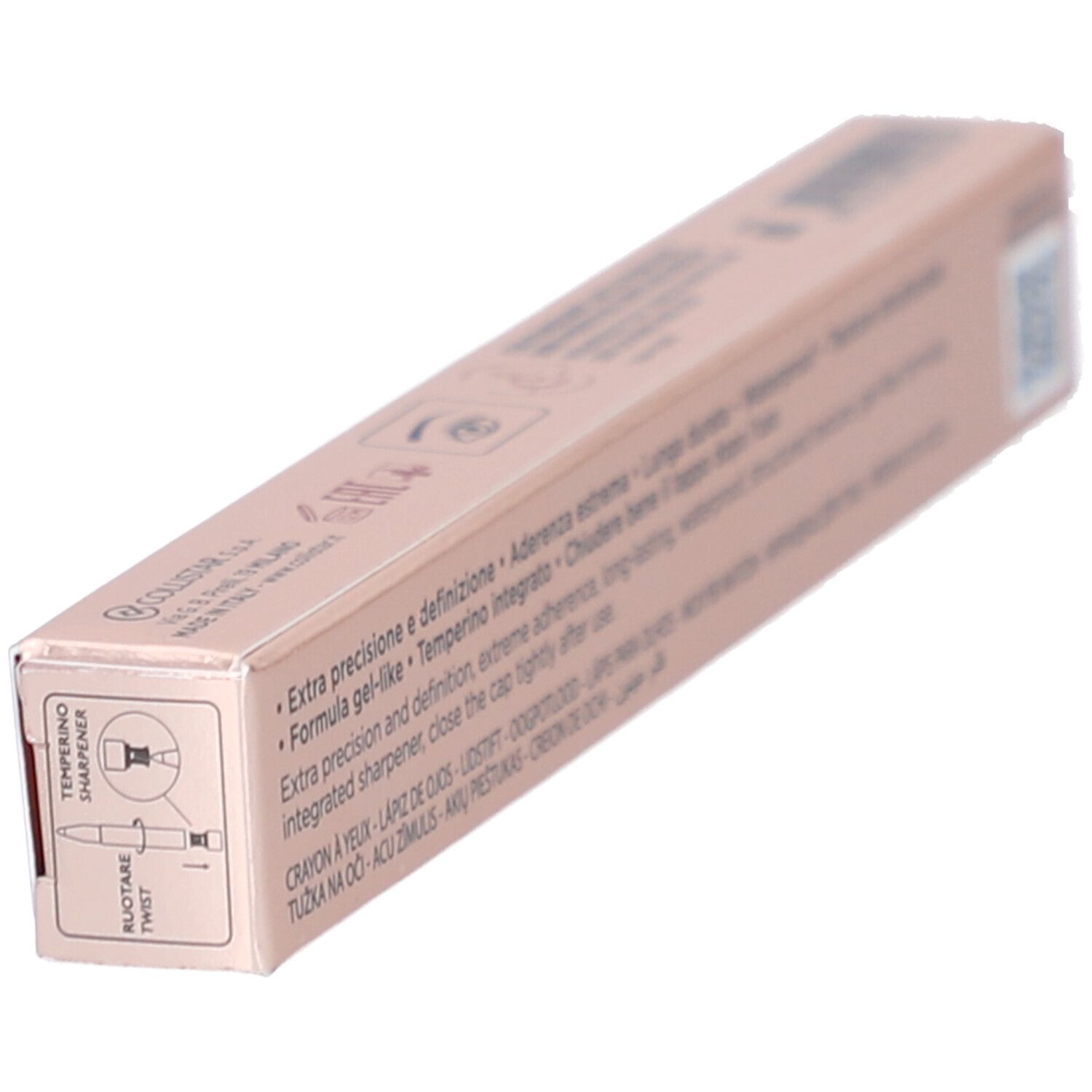 Emballage rose en biais. Texte: Extra précision, Formule gel-like, taille-crayon intégré. Instructions taille-crayon.