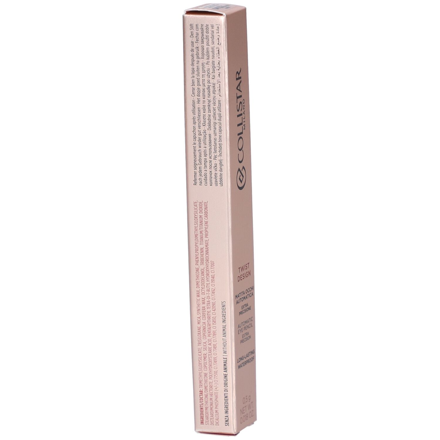 Collistar Twist Design Crayon Yeux 04 Imperial Violet Mat. Emballage rose avec texte. Visible : description, ingrédients, informations fabricant.