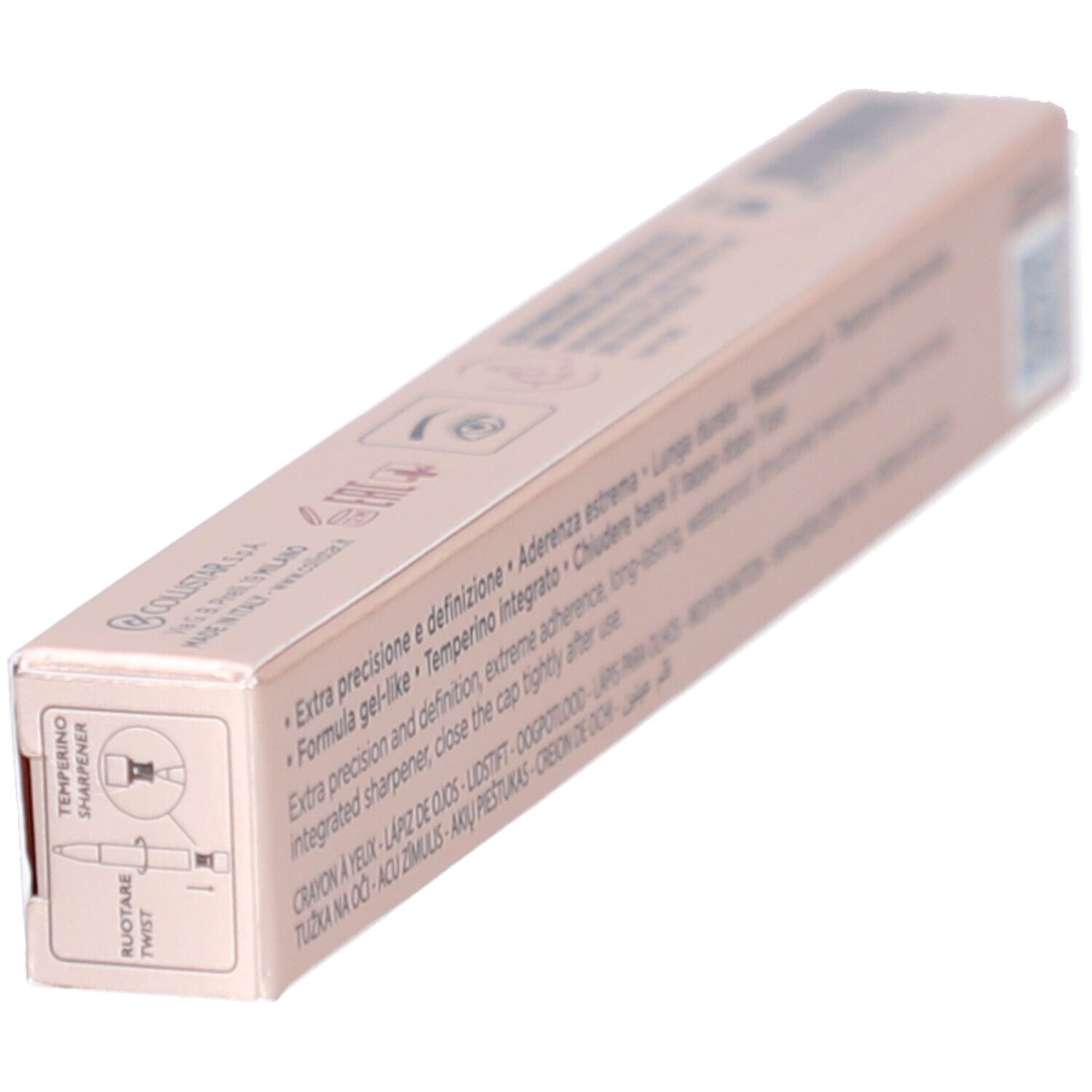 Collistar Twist Design Crayon Yeux 04 Imperial Violet Mat. Emballage rose avec texte. Visible : caractéristiques, taille-crayon intégré.