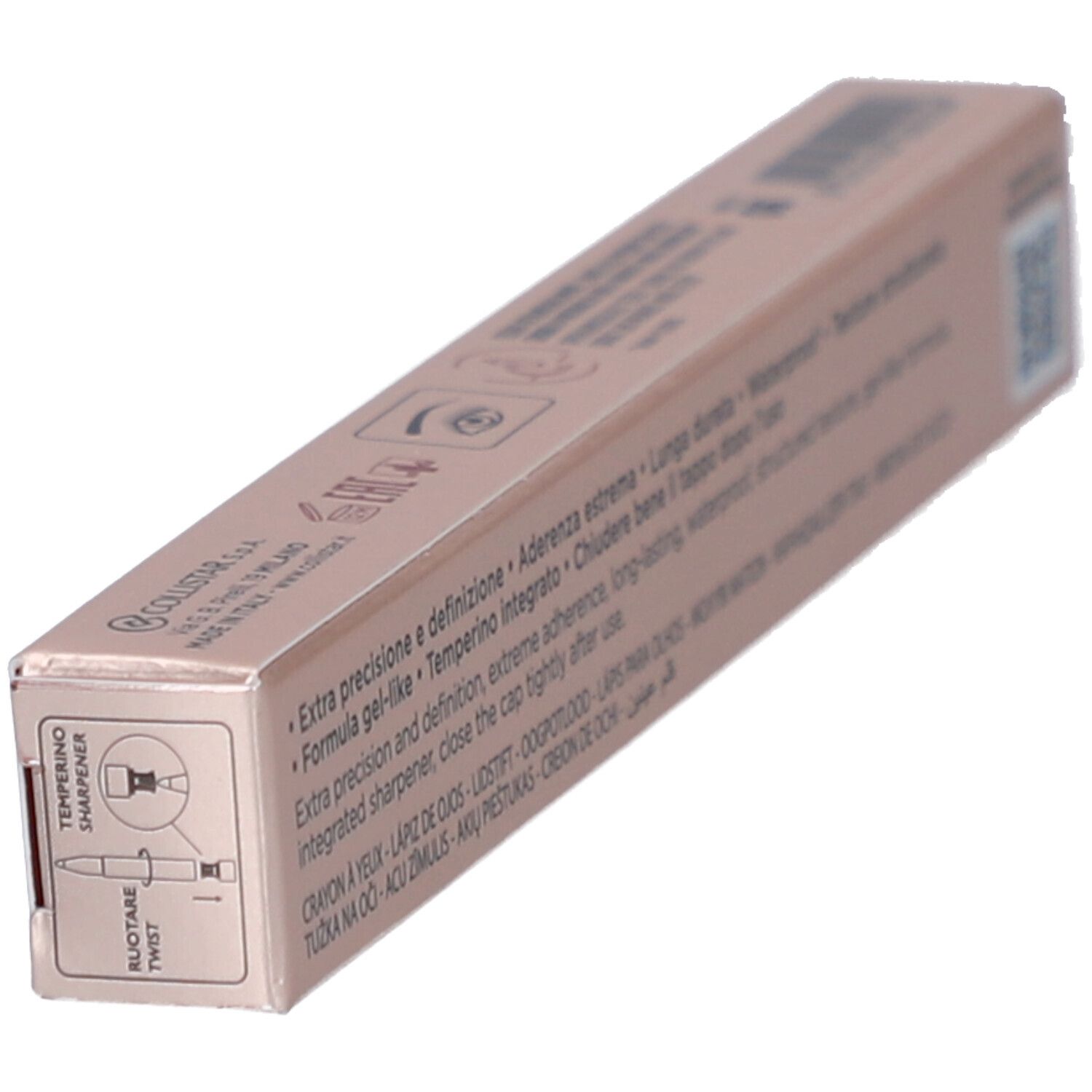 Emballage rose fin. Texte: Collistar Milano. Avec taille-crayon intégré. Tourner.