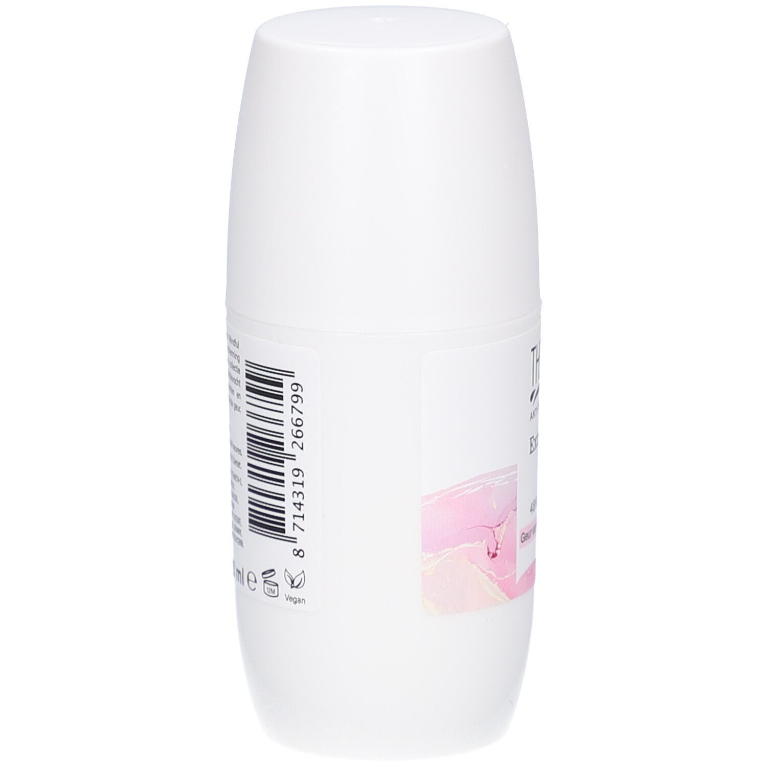 Witte roll-on deodorant. Barcode en productinformatie op de achterkant. Vegan logo.