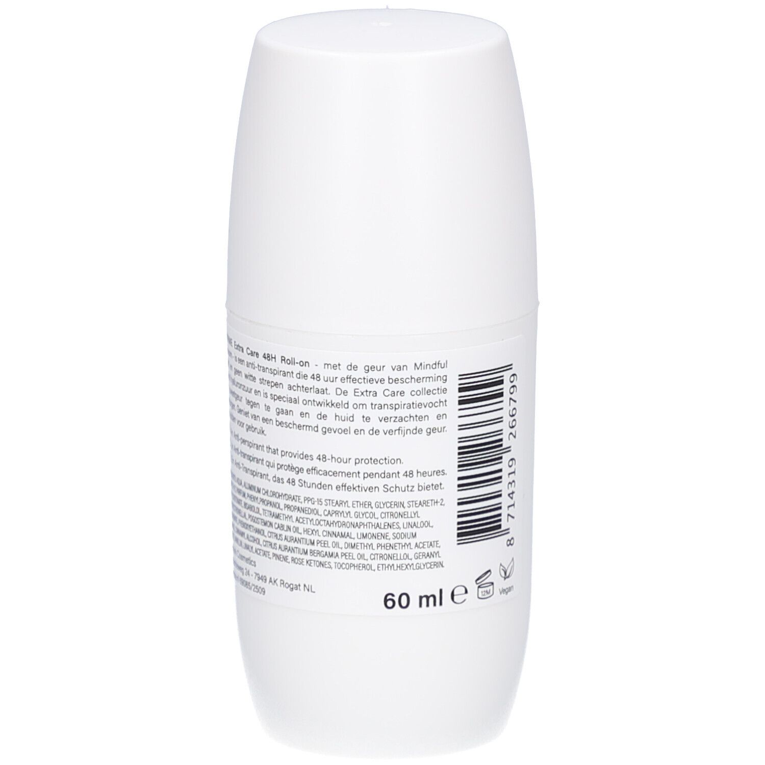 Witte roll-on deodorant. Achterkant met productinformatie en ingrediënten. 60 ml.