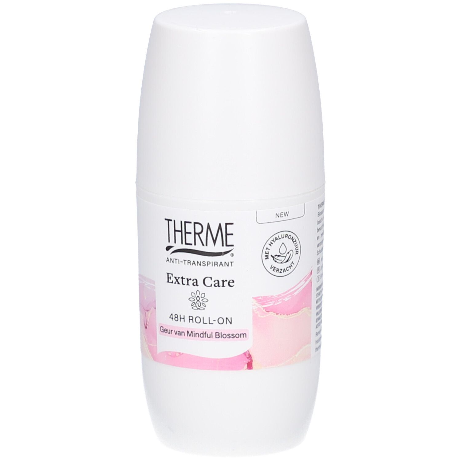 Witte roll-on deodorant. Opschrift: THERME, Extra Care, 48H Roll-on, Geur van Mindful Blossom. Nieuw product.
