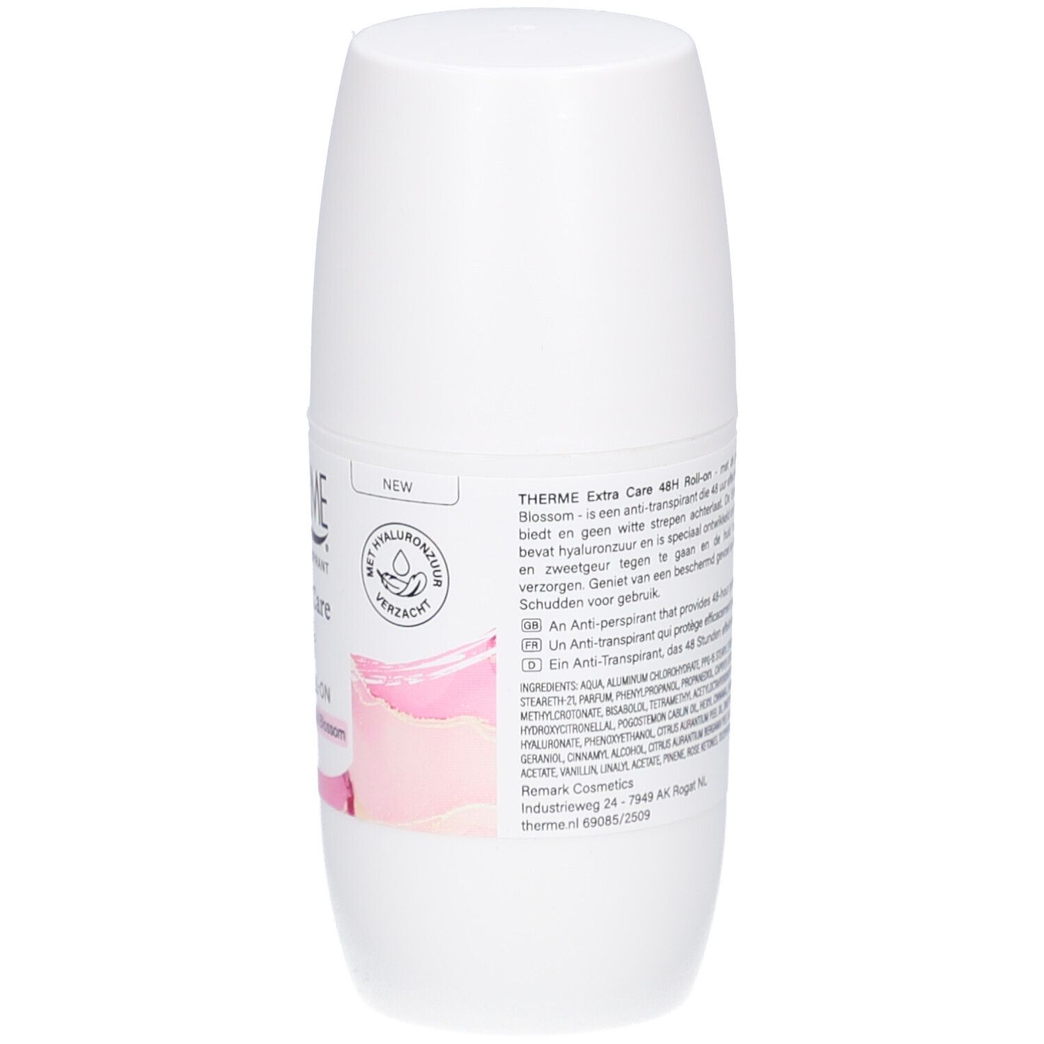 Witte roll-on deodorant. Achterkant met productinformatie en ingrediënten. Nieuw product.