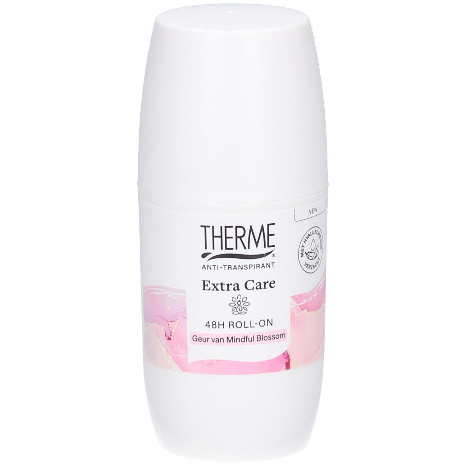 Witte roll-on deodorant. Opschrift: THERME, Extra Care, 48H Roll-on, Geur van Mindful Blossom. Met bloemen design.