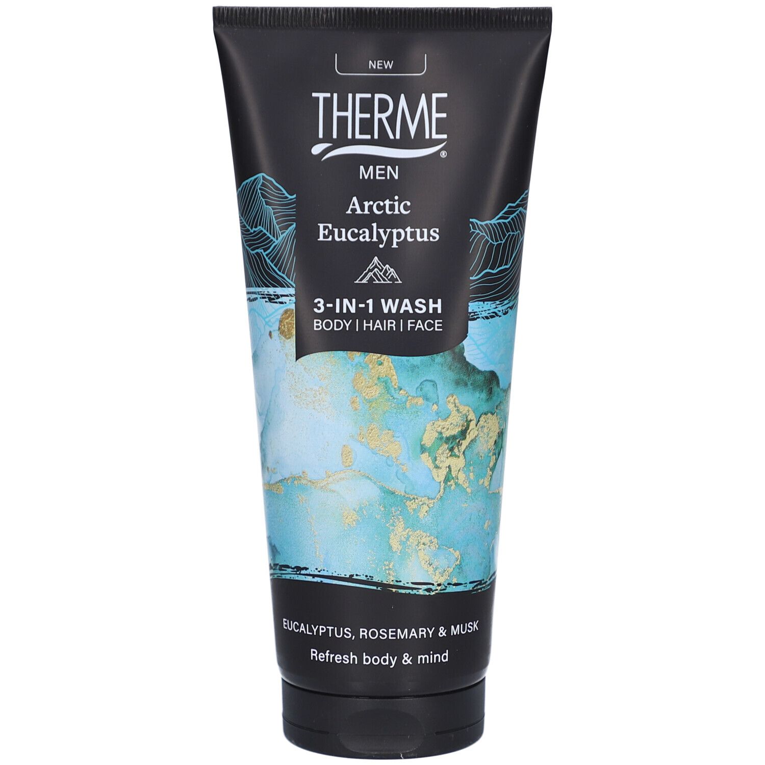 Zwarte tube met Therme-logo en productnaam Arctic Eucalyptus 3-in-1 Wash. Afbeelding van bergen en water.