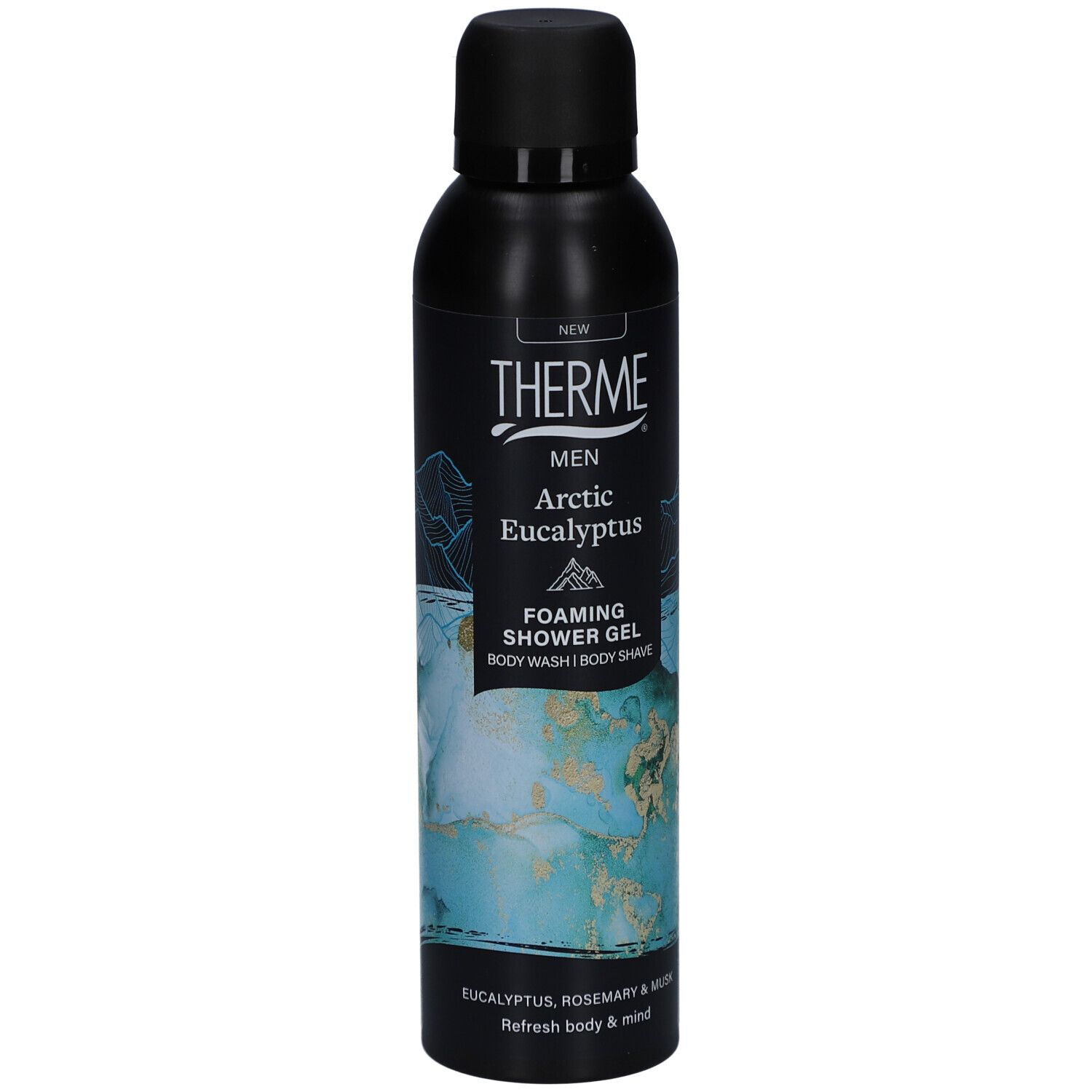 Zwarte fles met THERME-logo en tekst: MEN Arctic Eucalyptus Foaming Shower Gel. Afbeelding van berglandschap.