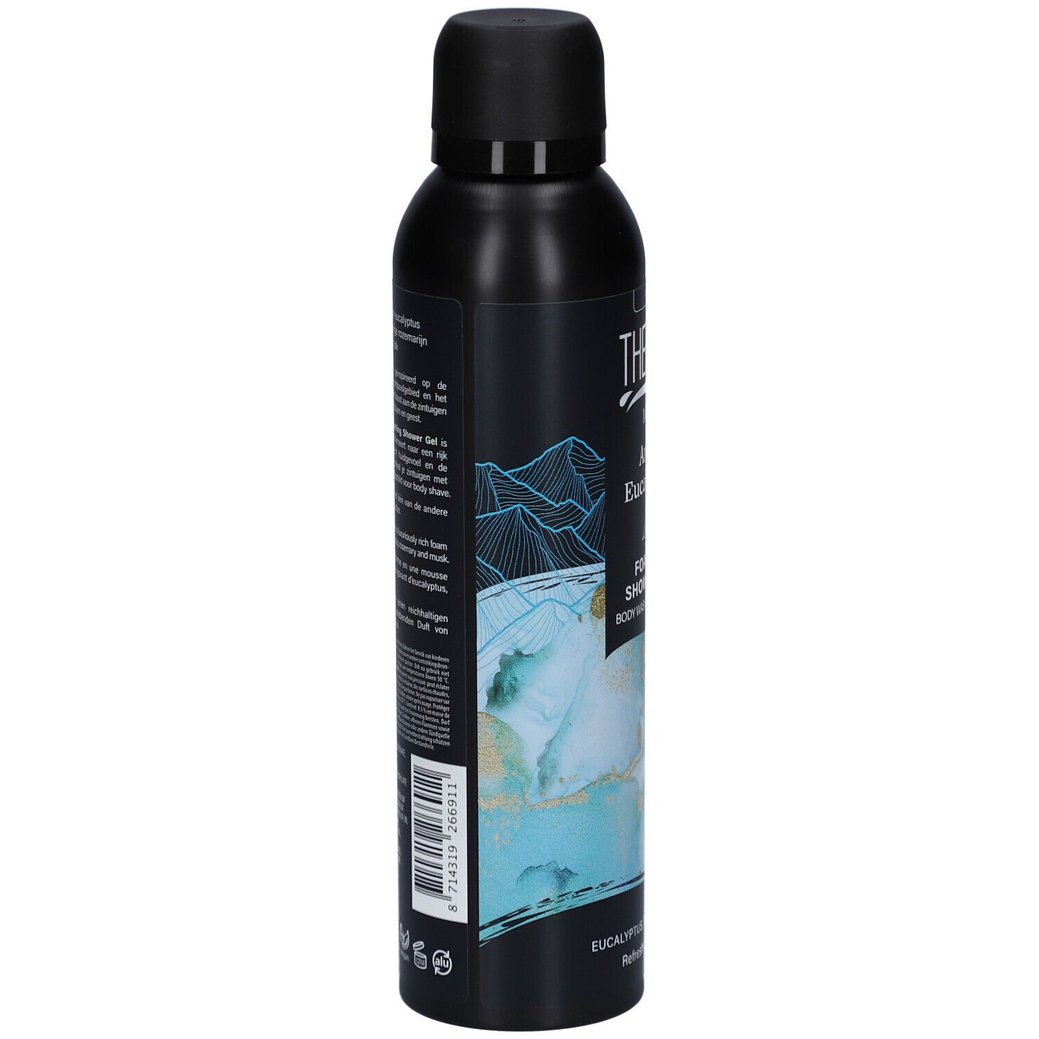 Zwarte fles, zijaanzicht. Tekst: THERME, Arctic Eucalyptus. Barcode en tekst op de achterkant.