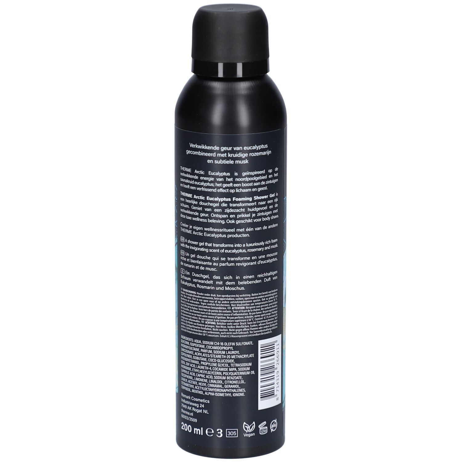 Zwarte fles, achterkant. Tekst in meerdere talen. Productbeschrijving en ingrediënten.