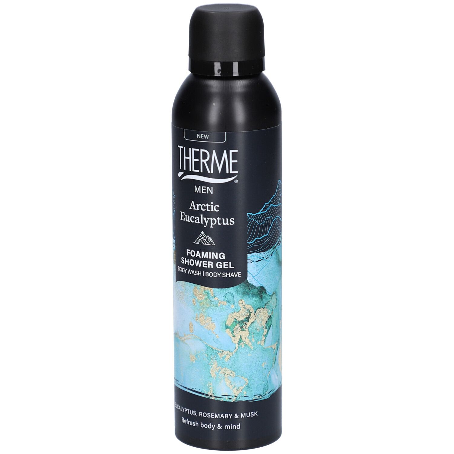 Zwarte fles met THERME-logo en tekst: MEN Arctic Eucalyptus Foaming Shower Gel. Afbeelding van berglandschap.