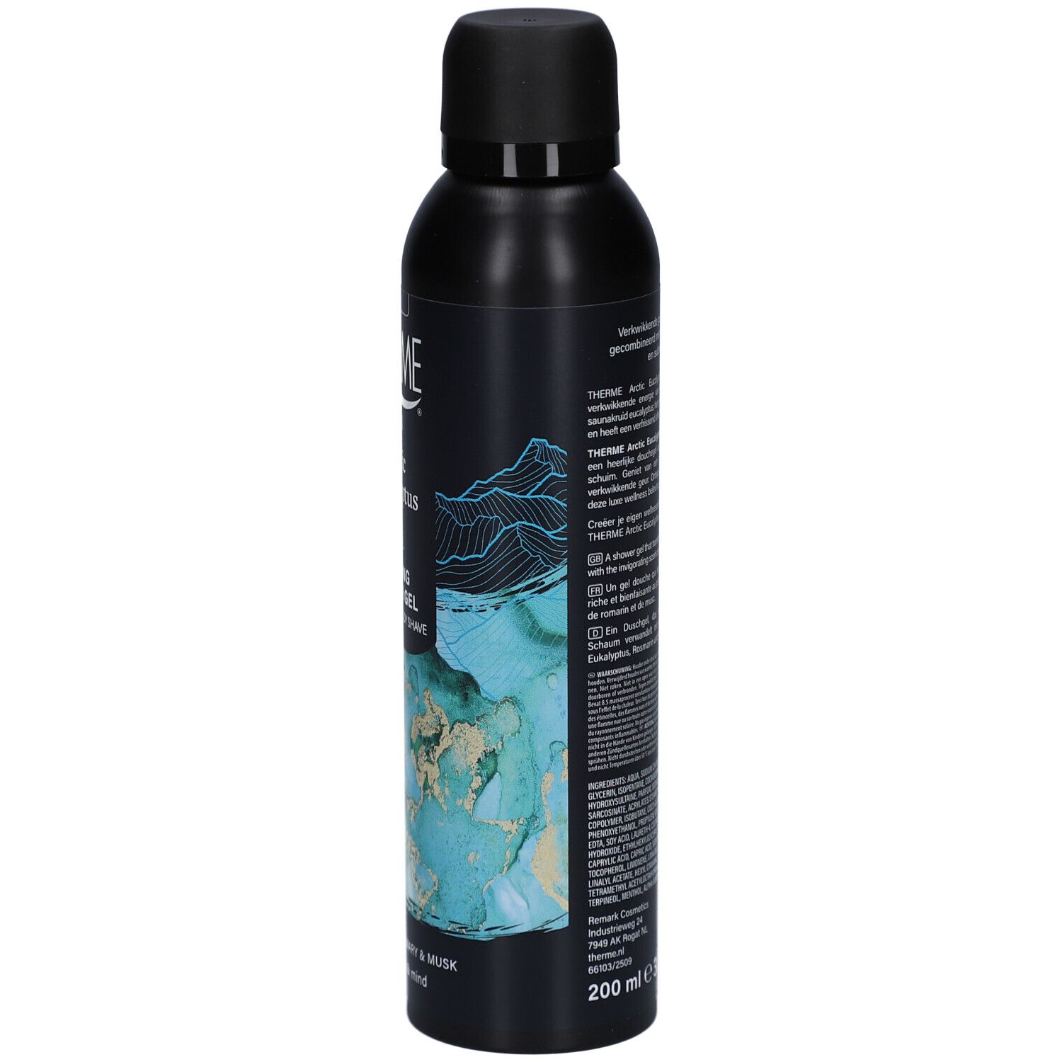 Zwarte fles, zijaanzicht. Tekst: THERME, Arctic Eucalyptus. Productbeschrijving en ingrediënten.