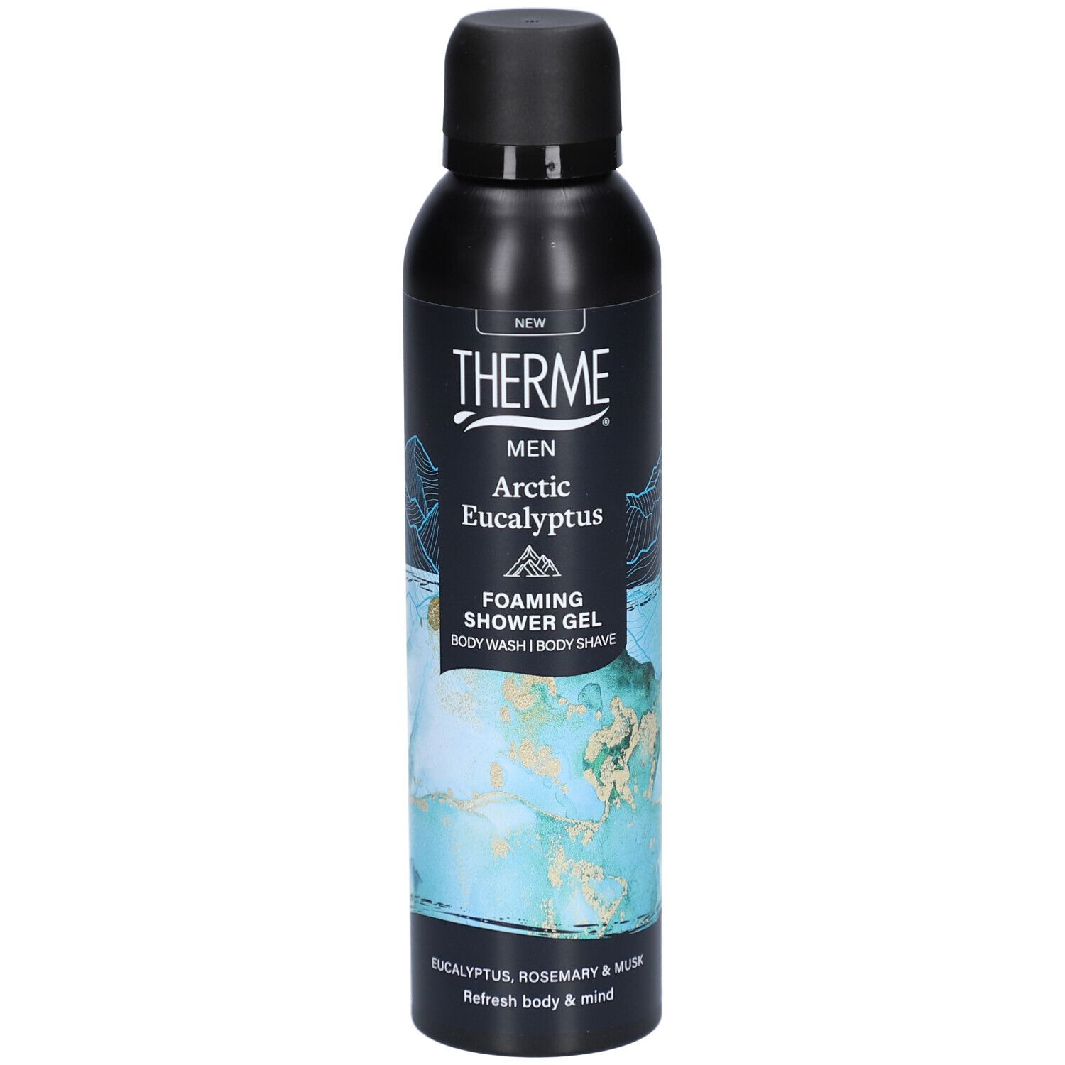Zwarte fles met THERME-logo en tekst: MEN Arctic Eucalyptus Foaming Shower Gel. Afbeelding van berglandschap.