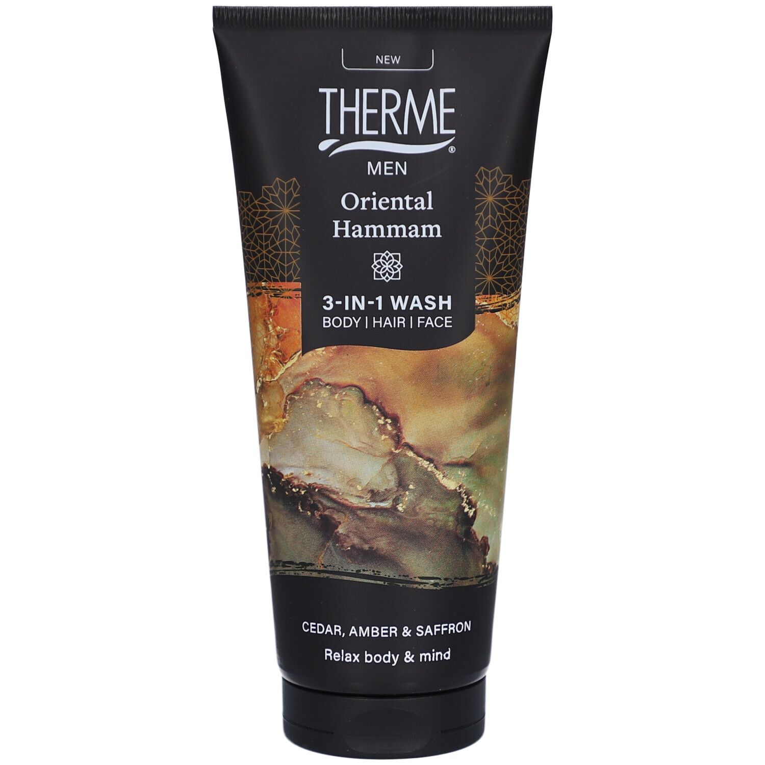 Zwarte tube met THERME-logo en productnaam. Tekst: Oriental Hammam 3-in-1 Wash. Ingrediënten: ceder, amber, saffraan. Ontspanning.