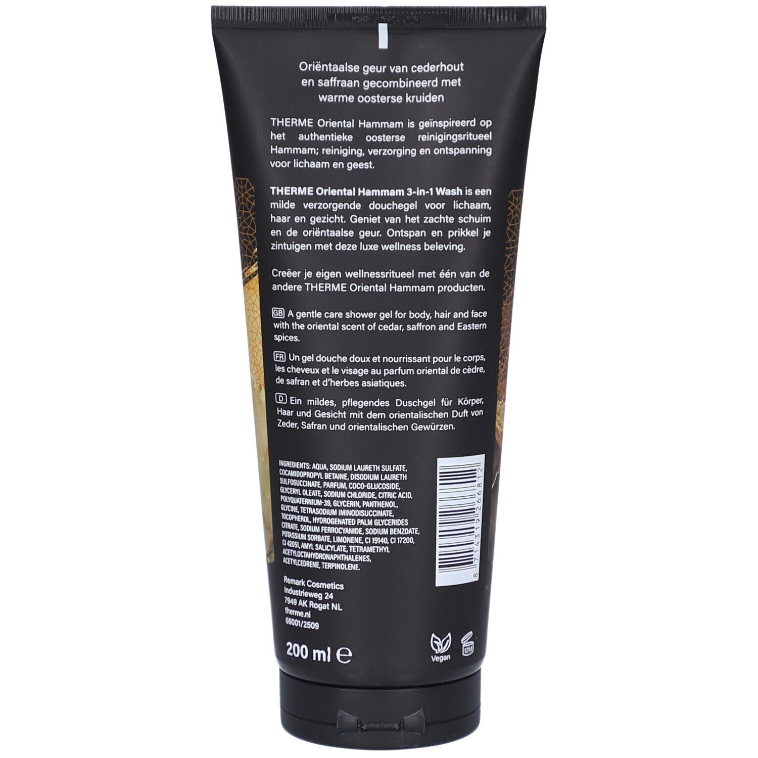 Achterkant van de tube. Tekst: THERME Oriental Hammam 3-in-1 Wash. Ingrediënten en instructies. Veganistisch logo. Volume: 200 ml.