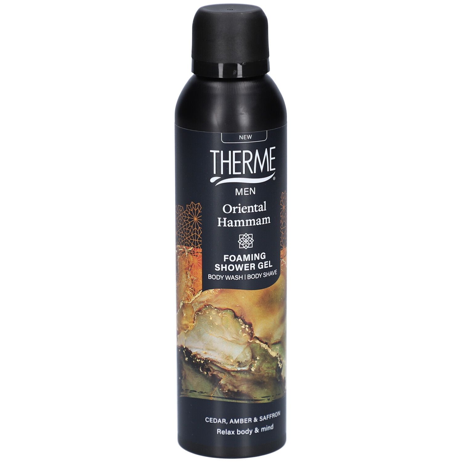 Zwarte fles met zwarte dop. Opschrift: Therme, Oriental Hammam, Foaming Shower Gel. Tekst: Cedar, Amber & Saffron.