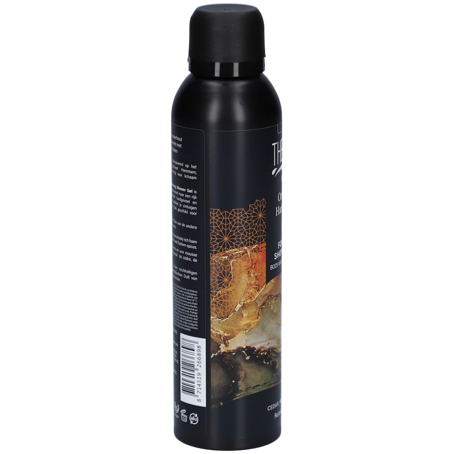 Zwarte fles met tekst. Opschrift: Therme, Oriental Hammam, Foaming Shower Gel. Streepjescode en tekst op de achterkant.