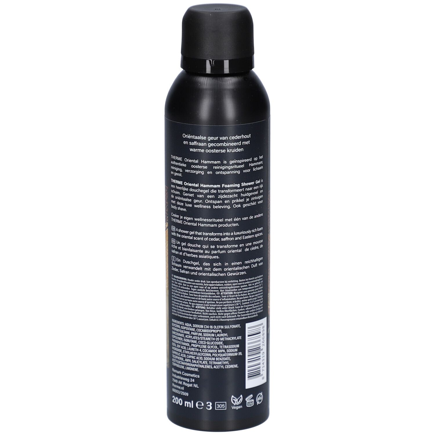 Zwarte fles met tekst. Opschrift: Therme, Oriental Hammam, Foaming Shower Gel. Tekst op de achterkant, 200 ml.