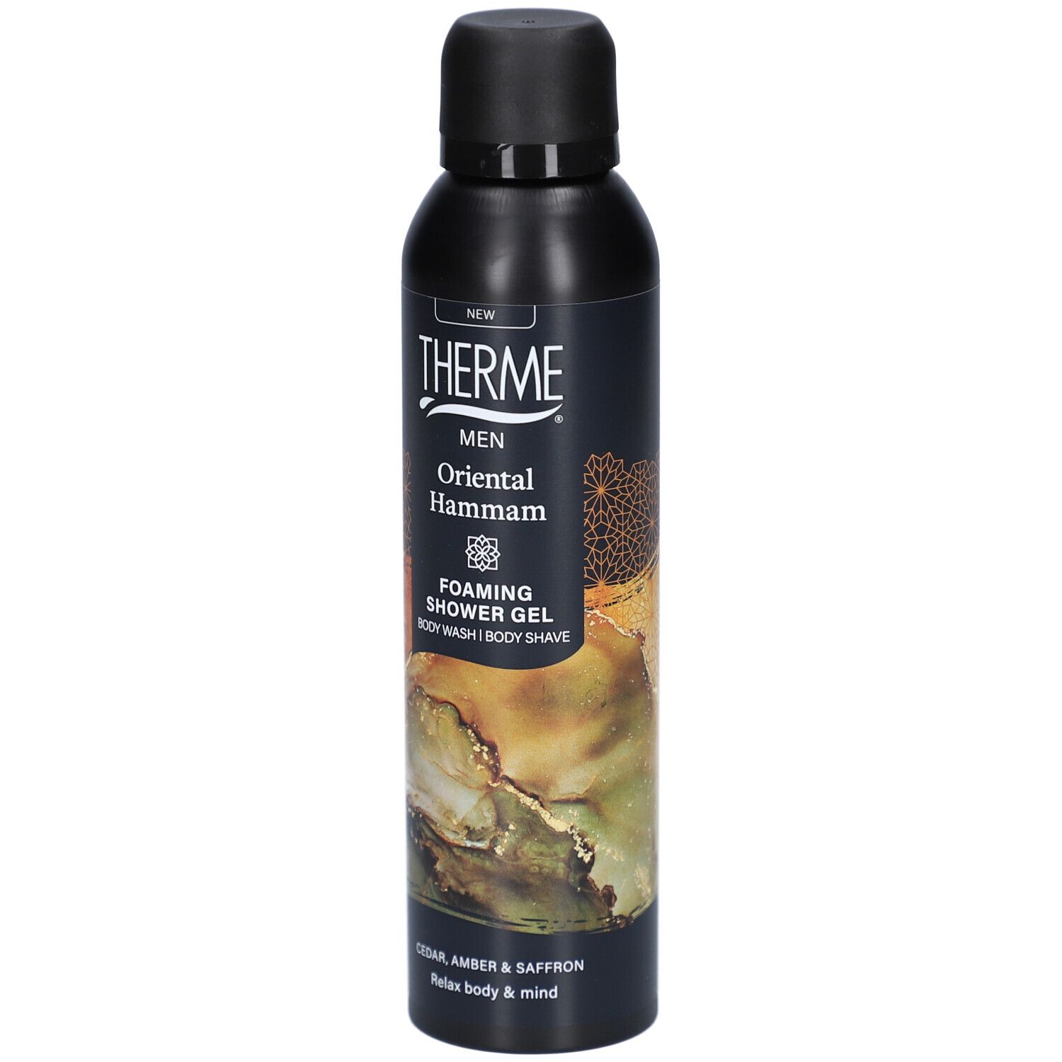 Zwarte fles met zwarte dop. Opschrift: Therme, Oriental Hammam, Foaming Shower Gel. Tekst: Cedar, Amber & Saffron.