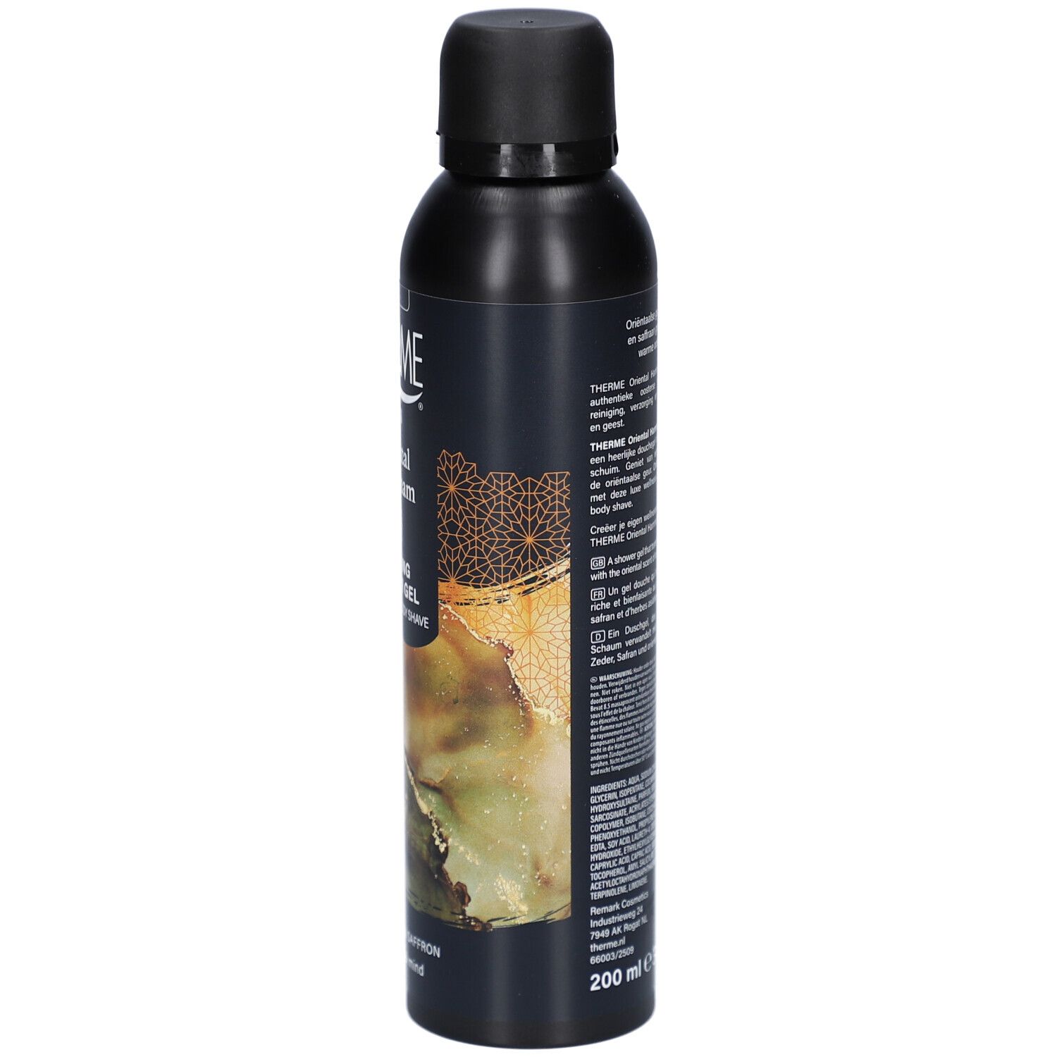 Zwarte fles met tekst. Opschrift: Therme, Oriental Hammam, Foaming Shower Gel. Tekst op de achterkant, 200 ml.