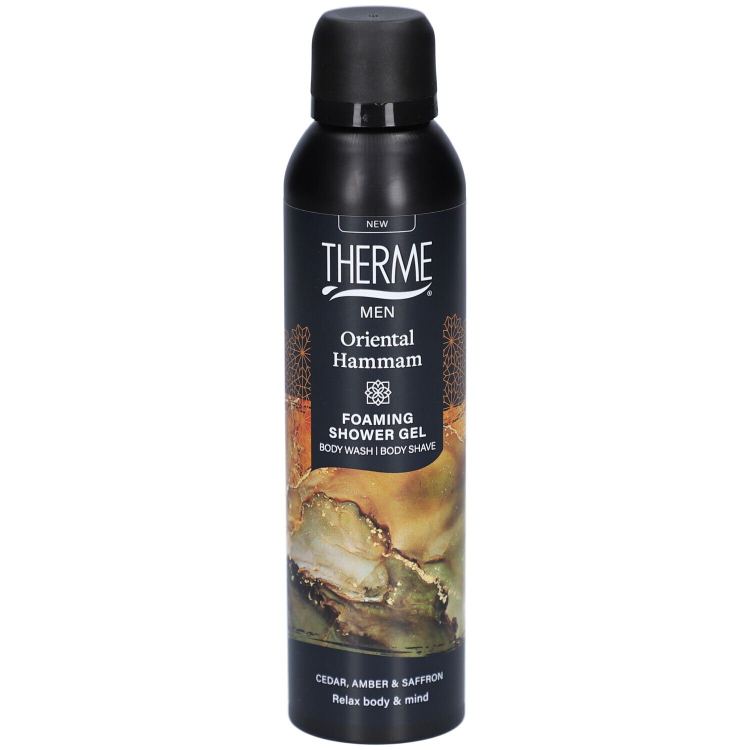 Zwarte fles met zwarte dop. Opschrift: Therme, Oriental Hammam, Foaming Shower Gel. Tekst: Cedar, Amber & Saffron.