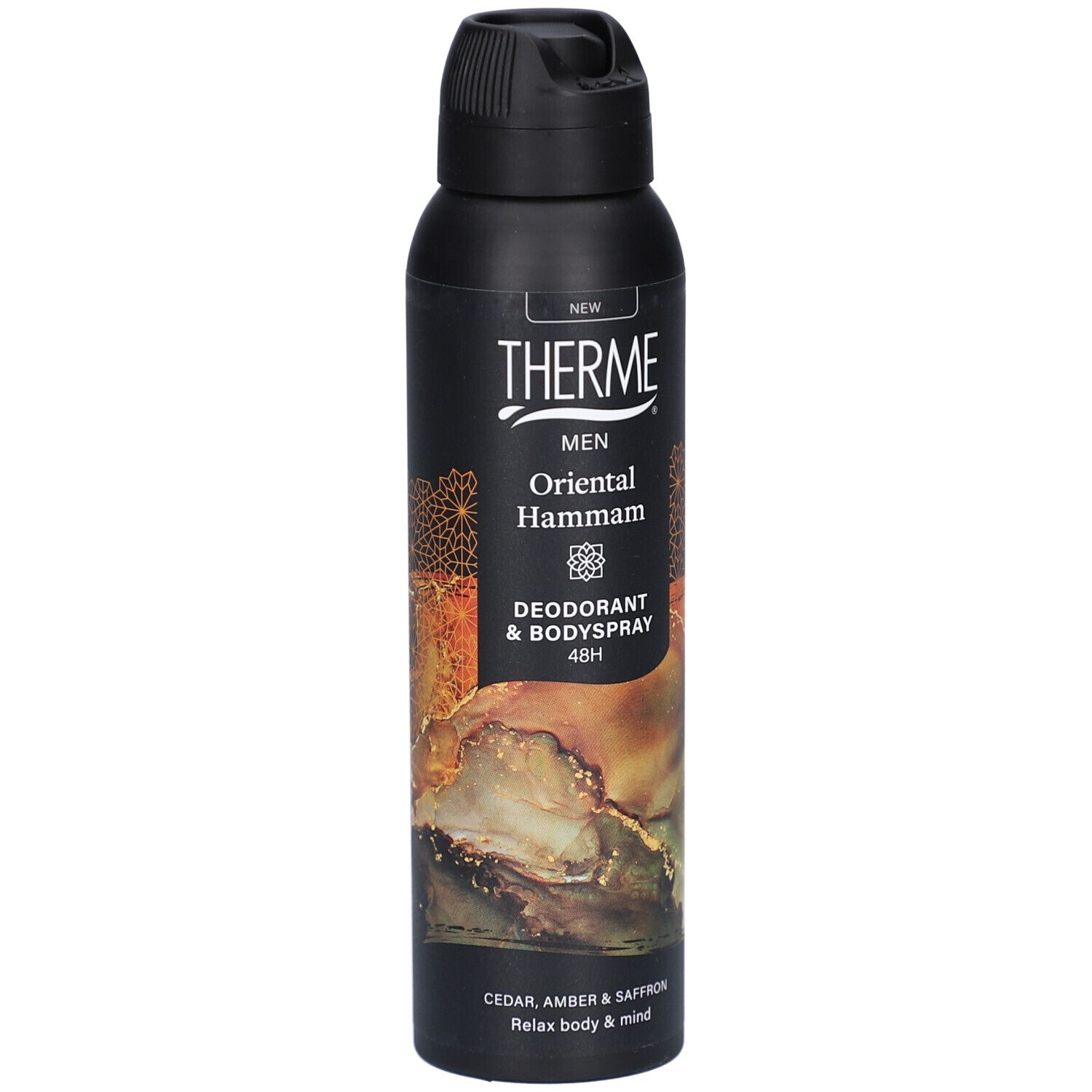 Zwarte deodorant & bodyspray. Opschrift: THERME MEN Oriental Hammam. 48H. Met geurnoten van ceder, amber en saffraan.