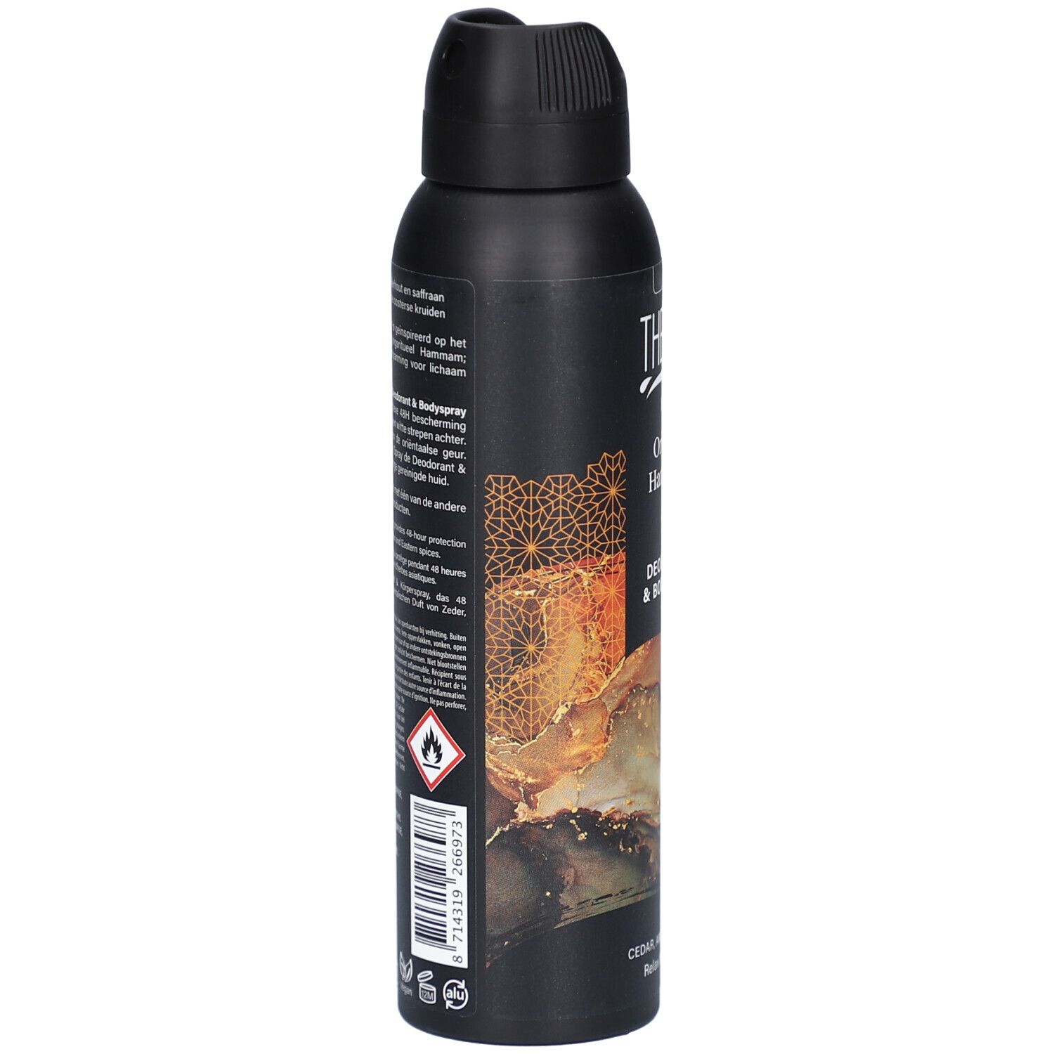 Zwarte deodorant & bodyspray. Opschrift: THERME MEN Oriental Hammam. Achterkant met tekst en waarschuwingssymbolen.