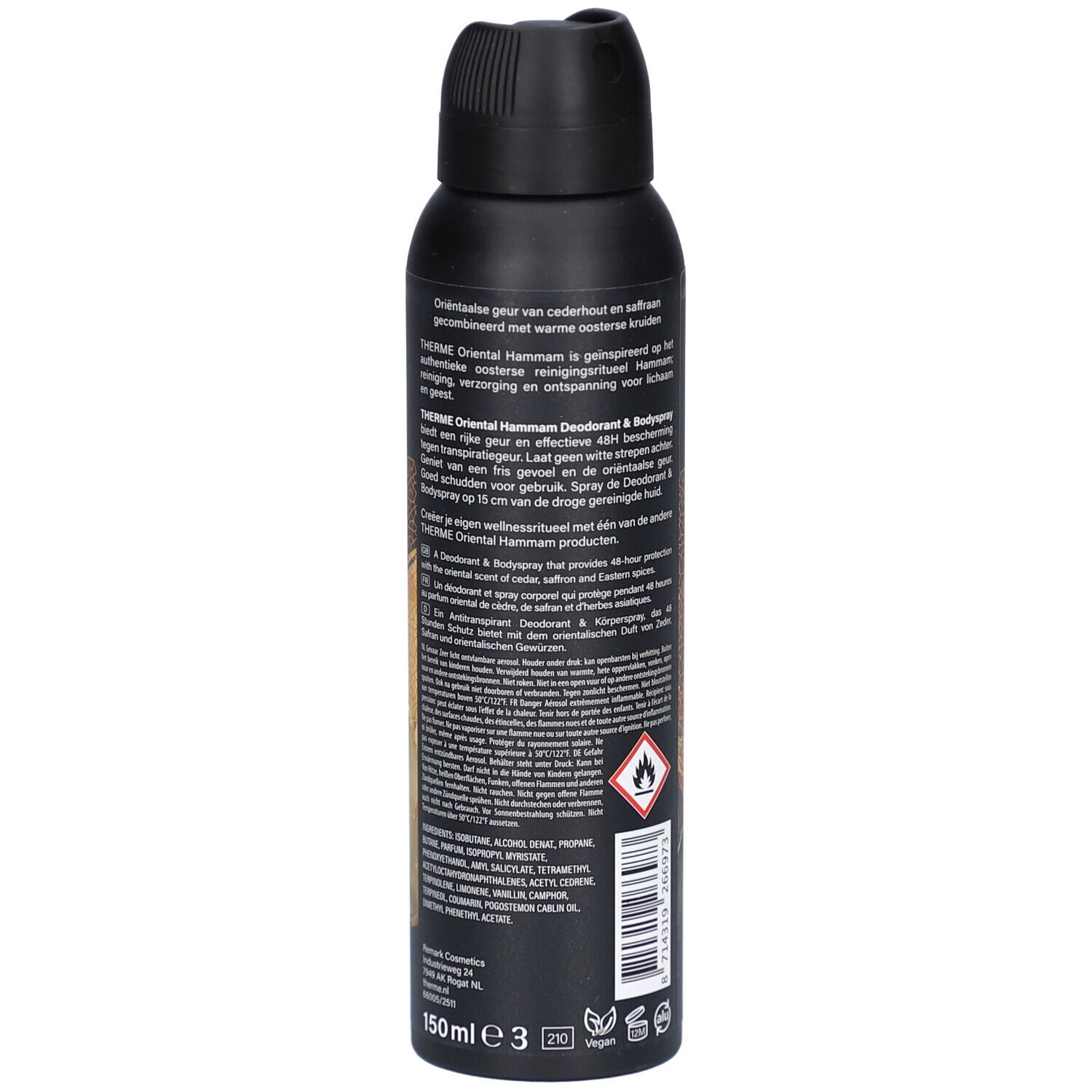 Achterkant van een zwarte deodorant & bodyspray. Tekst in meerdere talen. Waarschuwingssymbolen en volume: 150 ml.