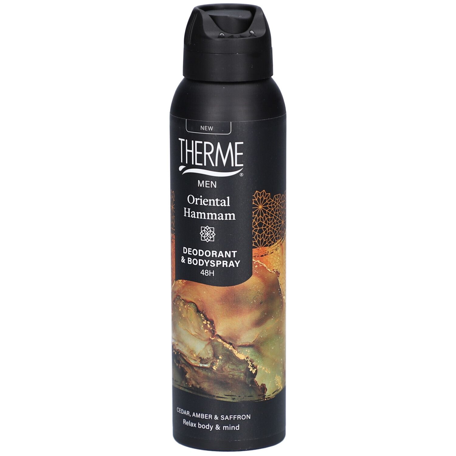 Zwarte deodorant & bodyspray. Opschrift: THERME MEN Oriental Hammam. 48H. Met geurnoten van ceder, amber en saffraan.