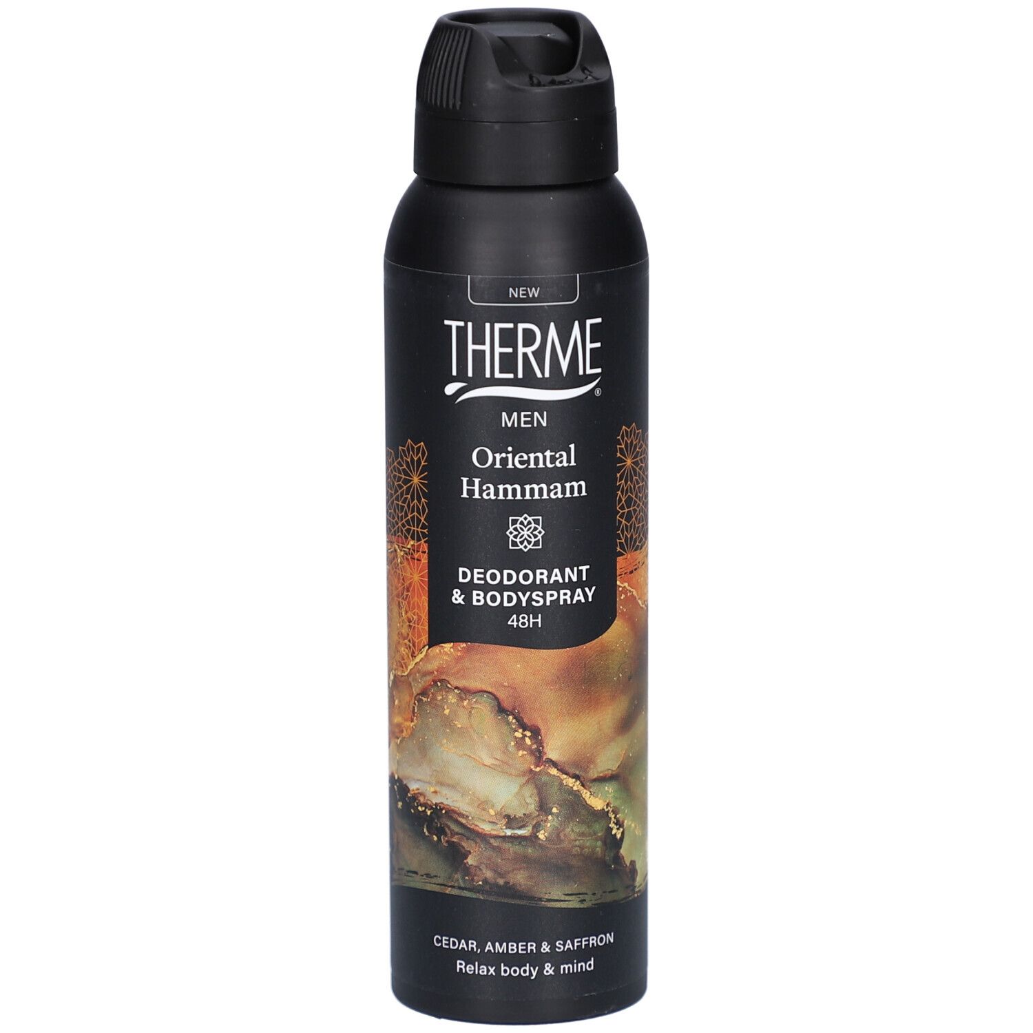 Zwarte deodorant & bodyspray. Opschrift: THERME MEN Oriental Hammam. 48H. Met geurnoten van ceder, amber en saffraan.