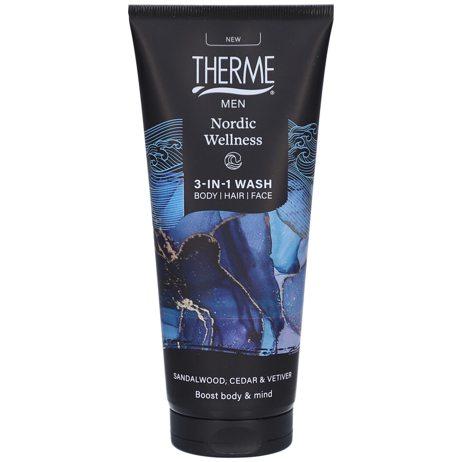Tube noire Therme Nordic Wellness 3-en-1 Wash. Motifs bleus abstraits et vagues. Texte: Bois de santal, cèdre, vétiver.
