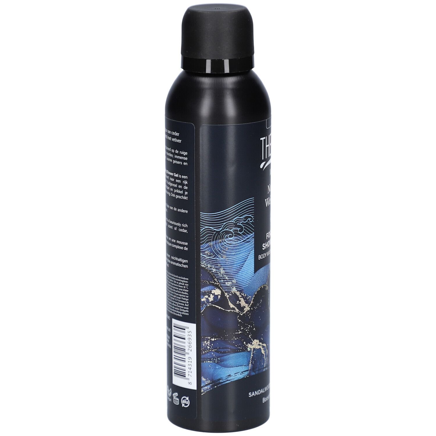 Dos du flacon noir Therme Nordic Wellness. Texte multilingue, code-barres et logos.