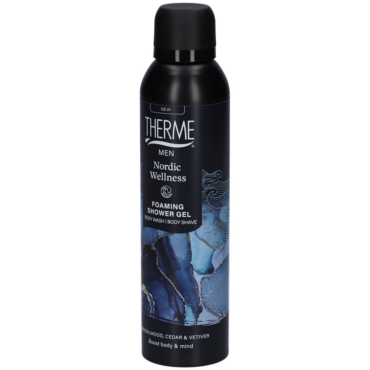 Flacon noir Therme Nordic Wellness. Texte: Men, Foaming Shower Gel, Body Wash, Body Shave. Bois de santal, cèdre et vétiver.
