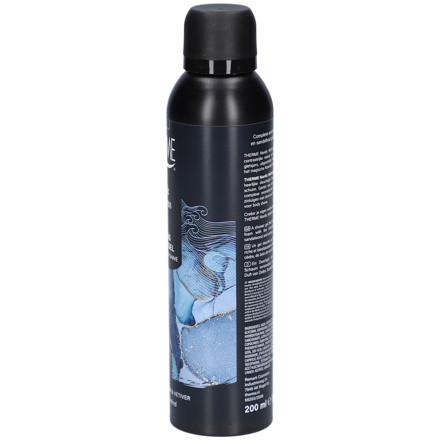 Dos du flacon noir Therme Nordic Wellness. Texte multilingue. Volume: 200 ml.