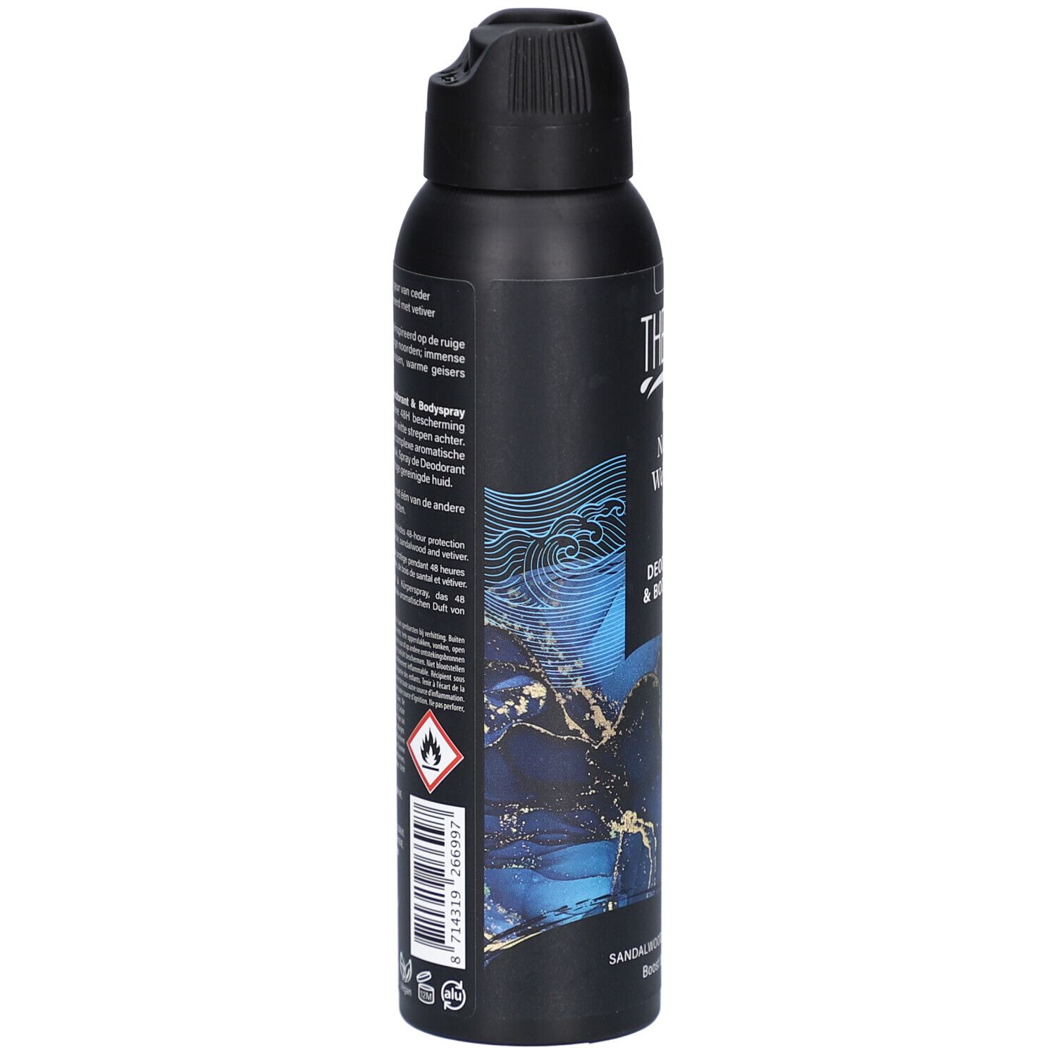 Bombe de déodorant noire. THERME, MEN, Nordic Wellness, Déodorant & Bodyspray. Motifs bleus et dorés. Vue latérale.