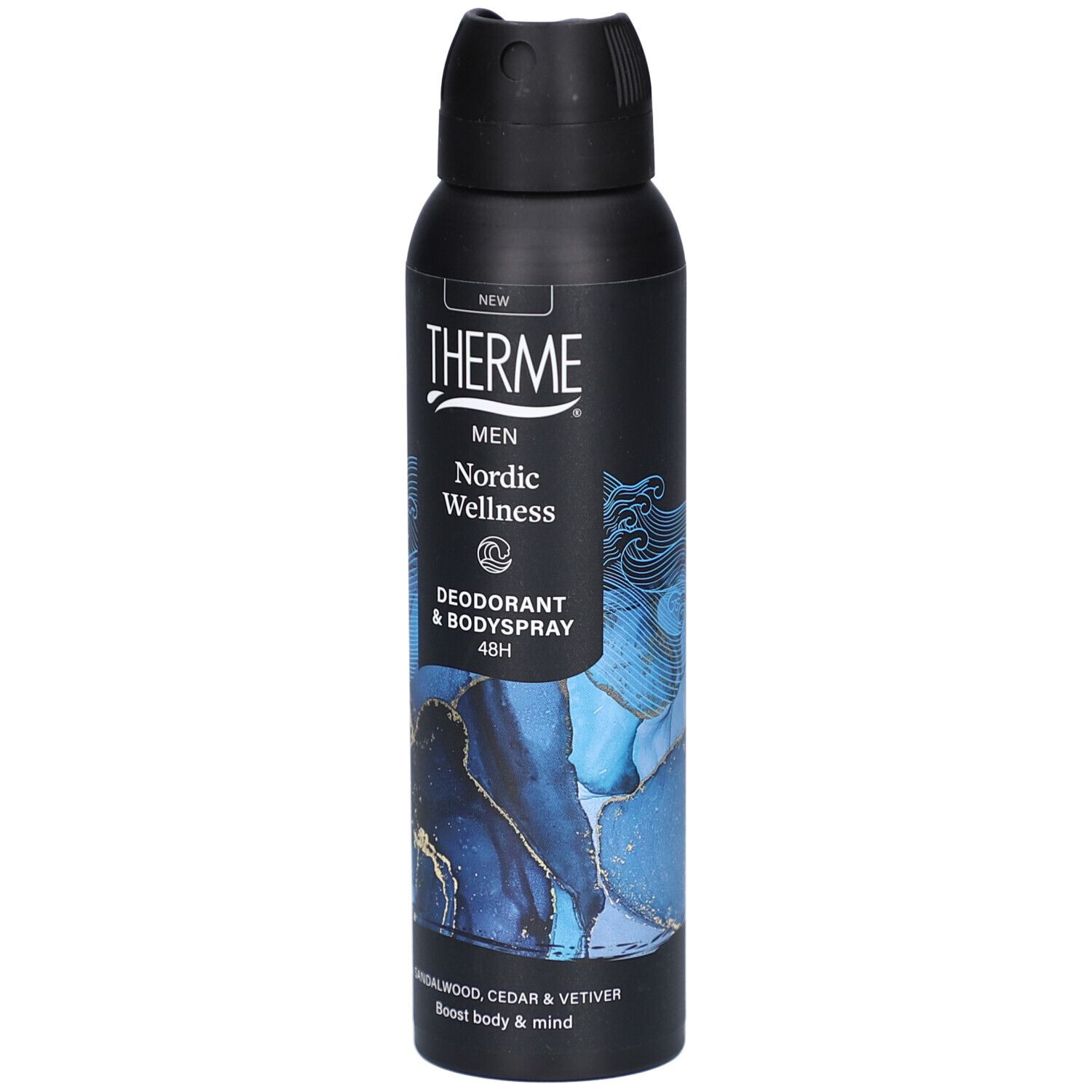 Bombe de déodorant noire. THERME, MEN, Nordic Wellness, Déodorant & Bodyspray. Motifs bleus et dorés. Vue de face.