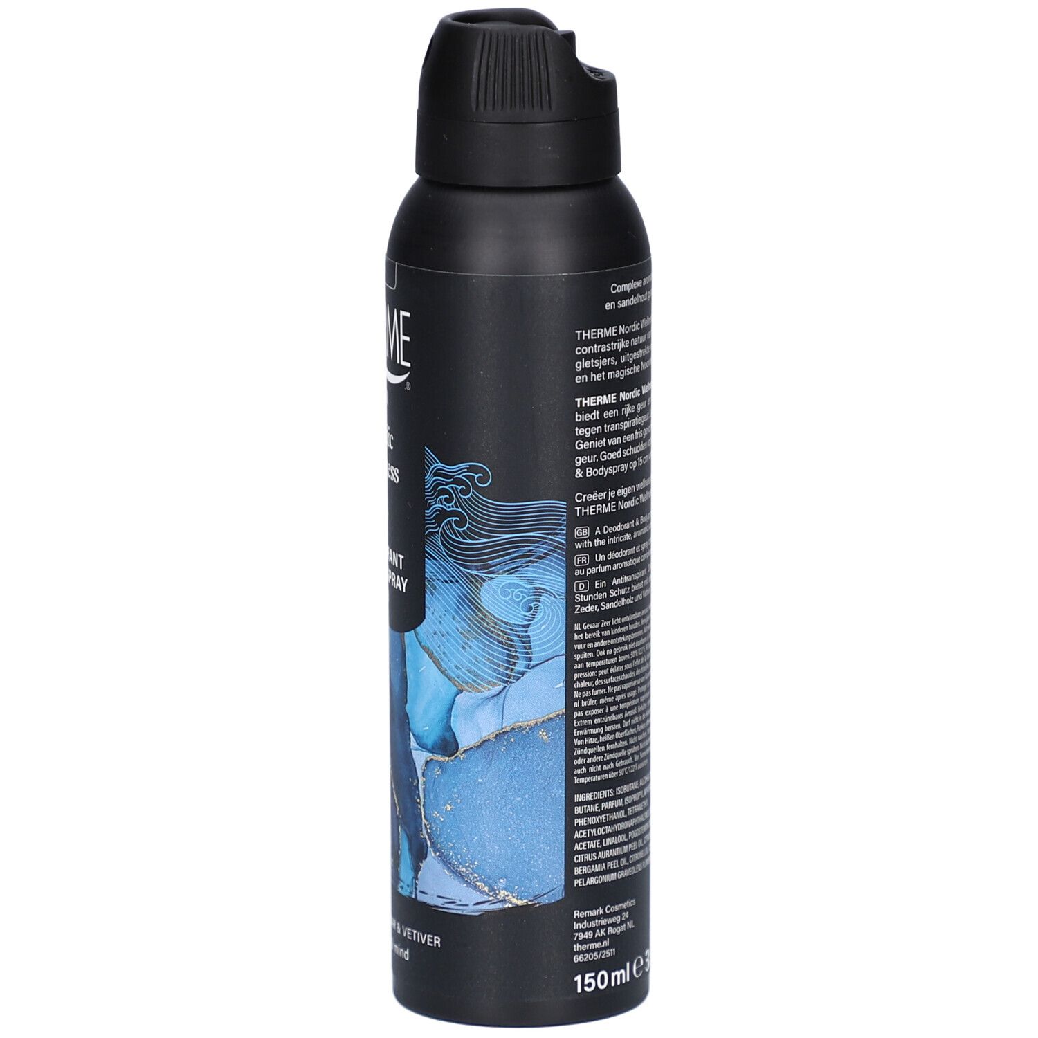 Bombe de déodorant noire. THERME, MEN, Nordic Wellness, Déodorant & Bodyspray. Texte sur le côté. 150 ml.