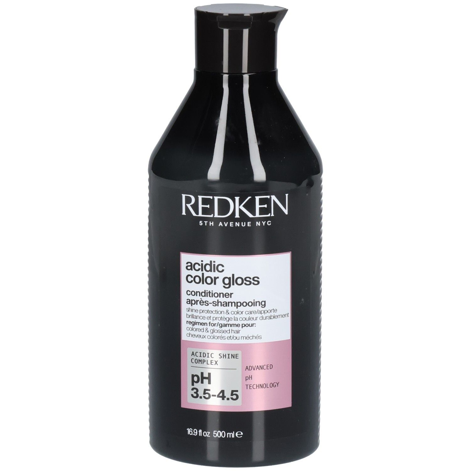 Zwarte fles met etiket. Opschrift: REDKEN, acidic color gloss, conditioner. Roze en zilveren accenten.