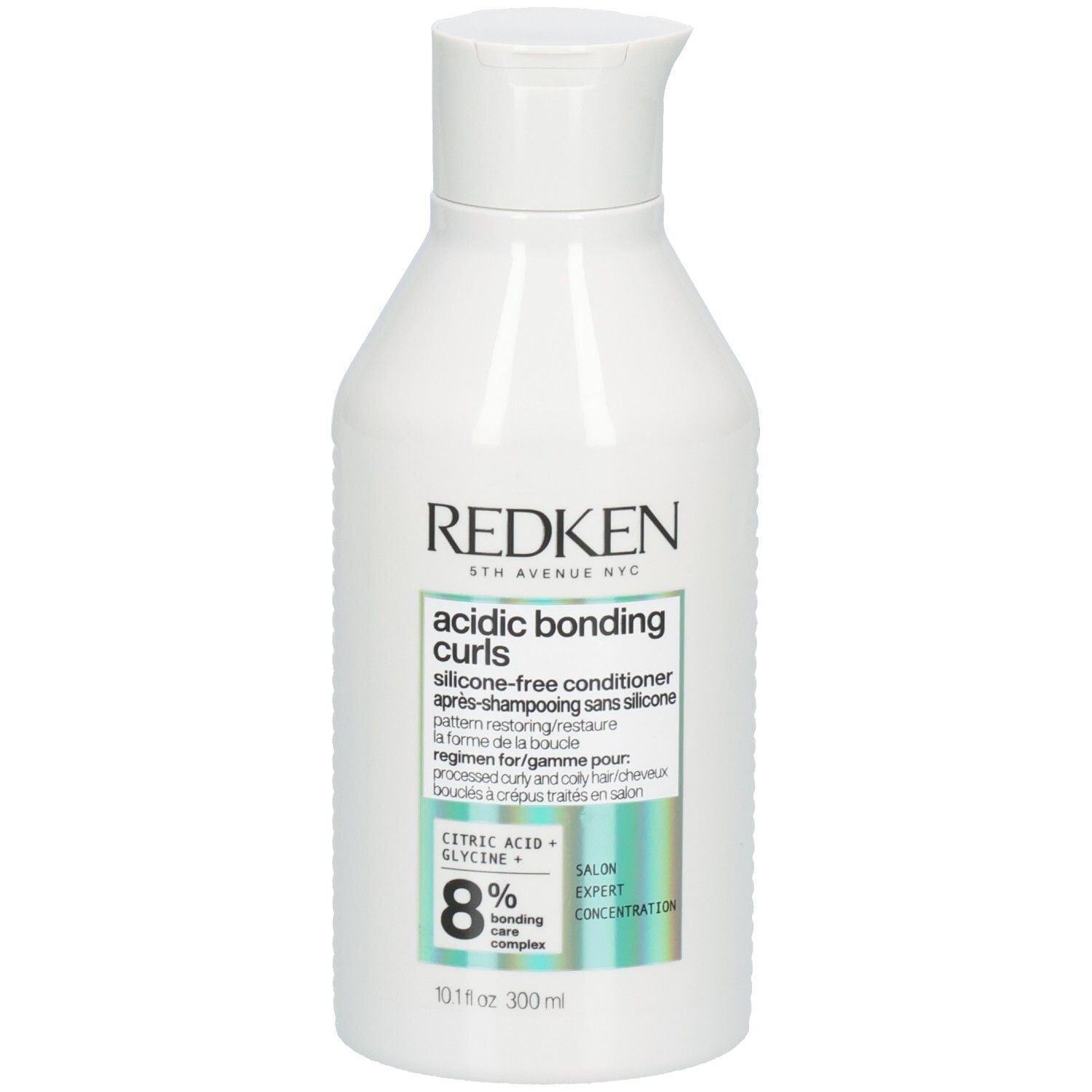 Witte fles Redken Acidic Bonding Curls Conditioner. Kenmerken: 8% Bonding Care Complex, siliconenvrije conditioner.