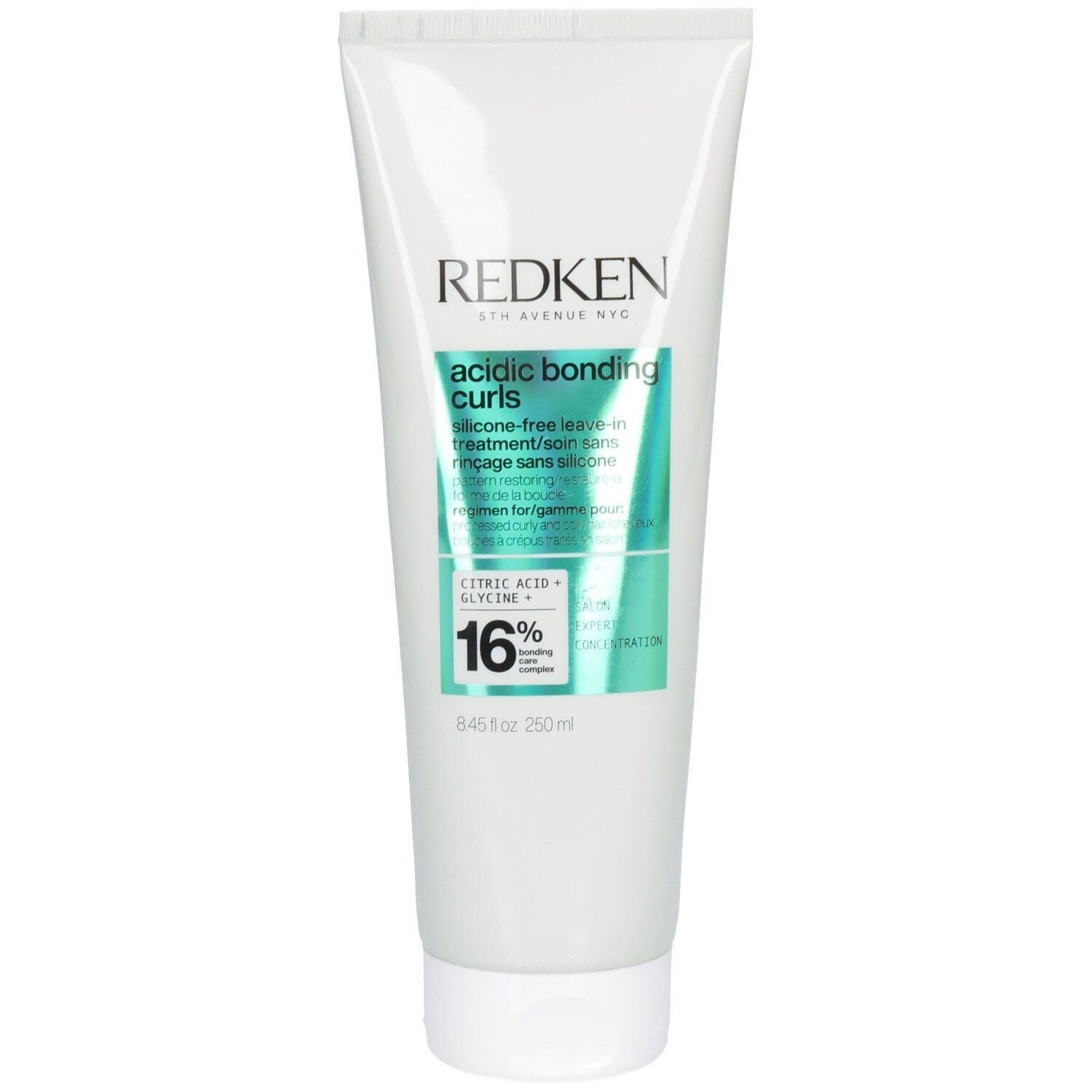 Witte tube met groen-turkoois etiket. Opschrift: Redken, acidic bonding curls, 250ml.