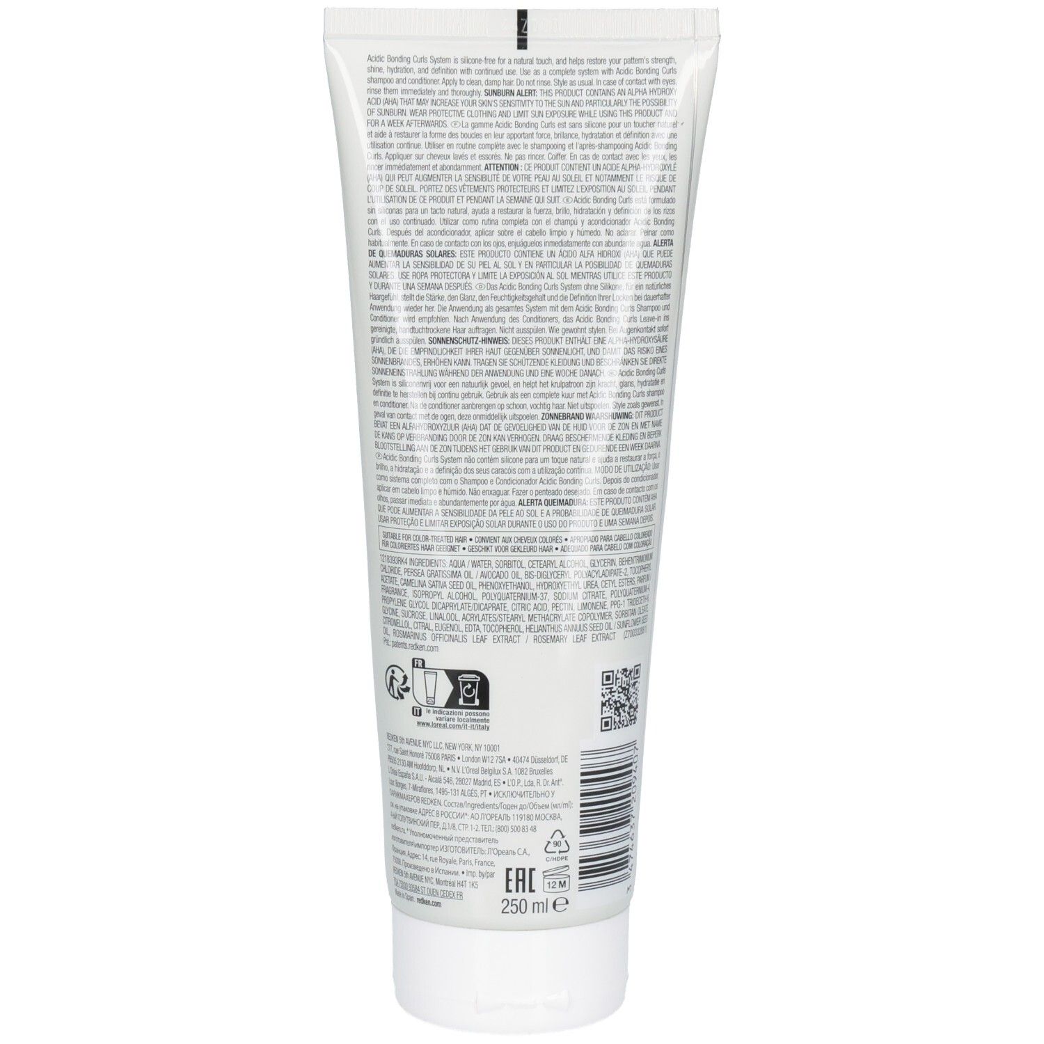 Achterkant van een witte tube. Tekst in meerdere talen. Onderaan: 250 ml, EAN-code.