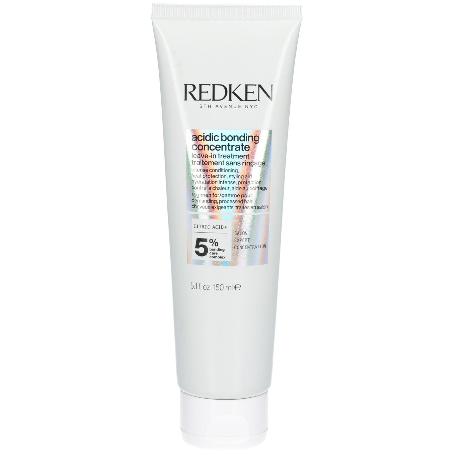 Witte tube met tekst en logo. Bevat 150 ml. Opschrift: Redken, Acidic Bonding Concentrate, 5% Citric Acid.