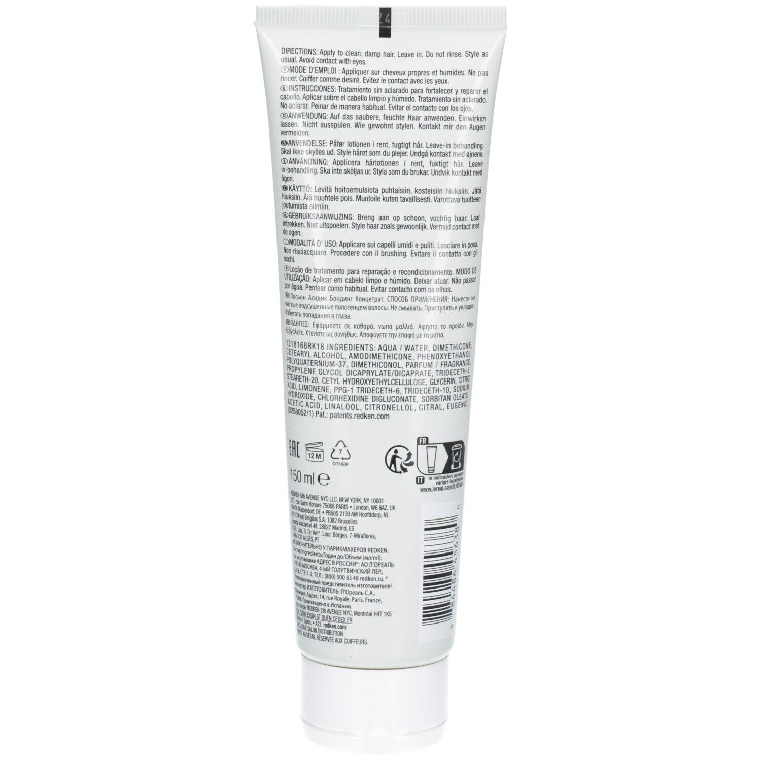 Achterkant van een witte tube. Bevat productinformatie en ingrediënten. 150 ml. Met recyclingsymbolen.