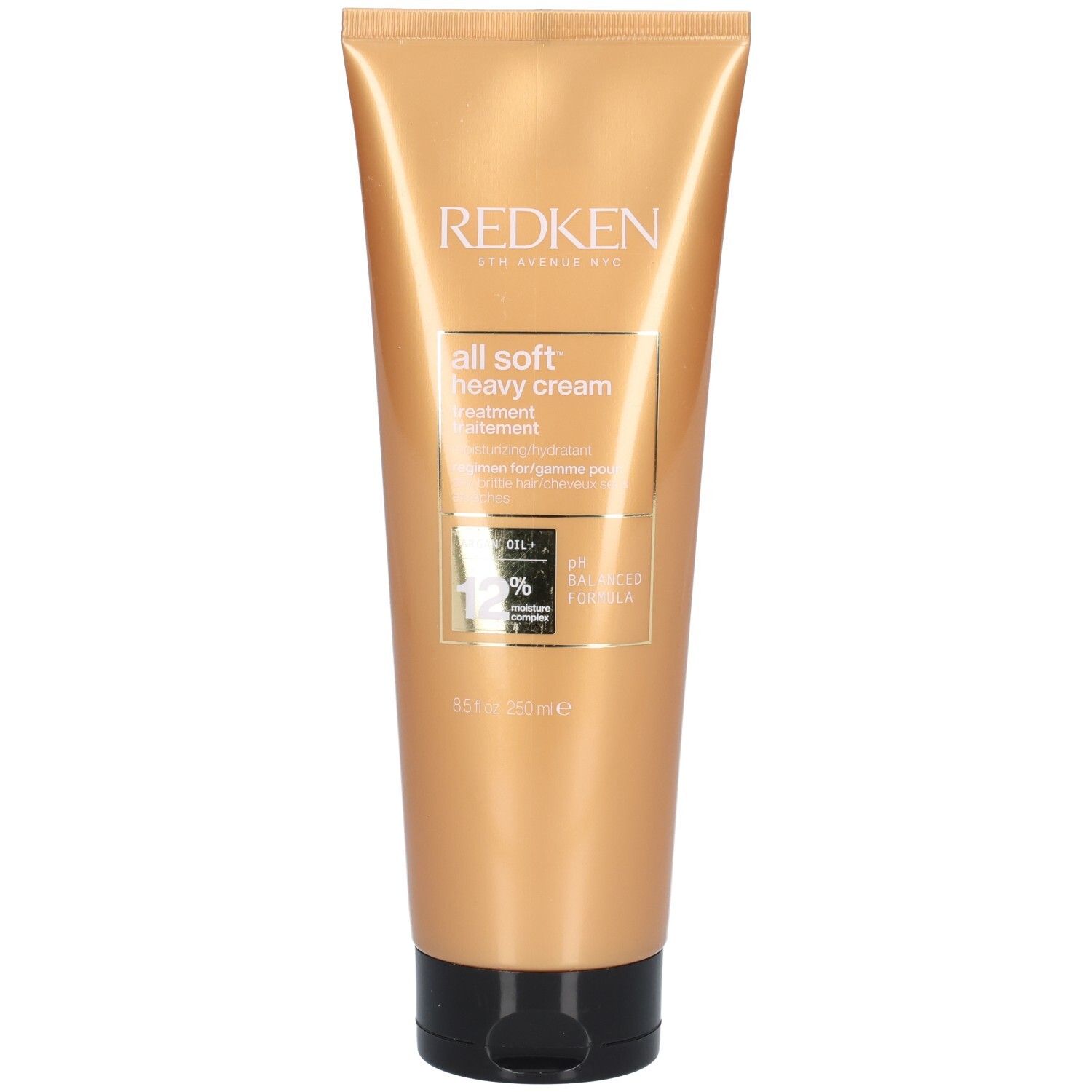 Gouden tube met zwarte dop. Opschrift: Redken, All Soft Heavy Cream. Behandeling voor droog haar. 12% Moisture Complex.