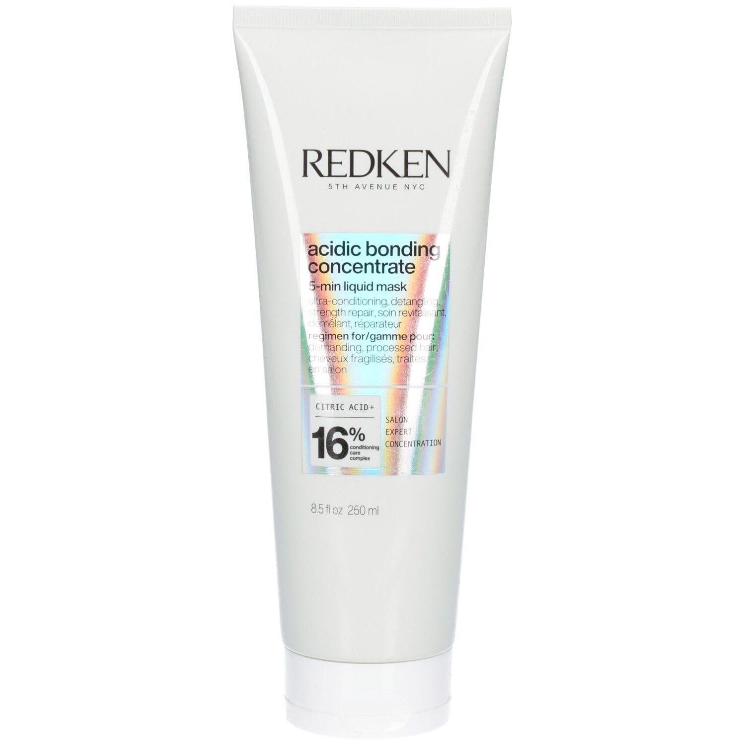 Witte tube met productlabel. Opschrift: Redken, Acidic Bonding Concentrate, 5-Min Liquid Mask. Bevat 16% citroenzuur.