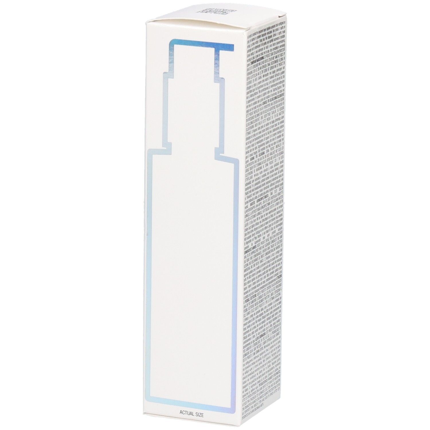 Emballage du produit, vue latérale. Boîte blanche avec contour d'une bouteille. Texte : Actual Size.