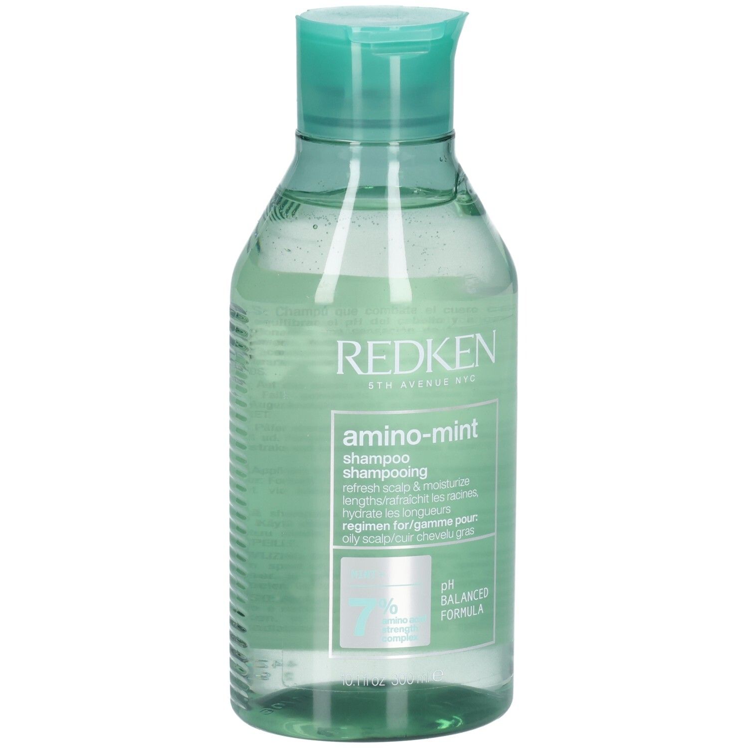 Redken Amino-Mint shampoo in doorzichtige fles met turquoise dop. pH-gebalanceerde formule.