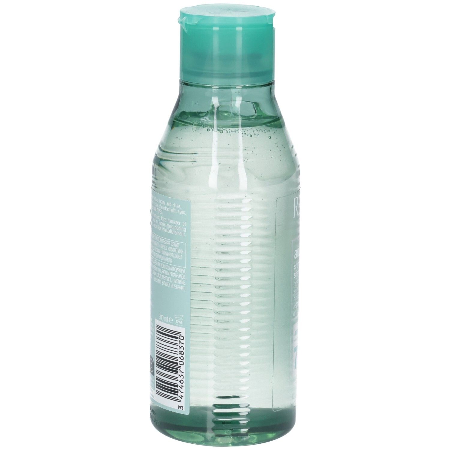 Heldere vloeistof in een doorzichtige fles met turquoise klapdeksel.