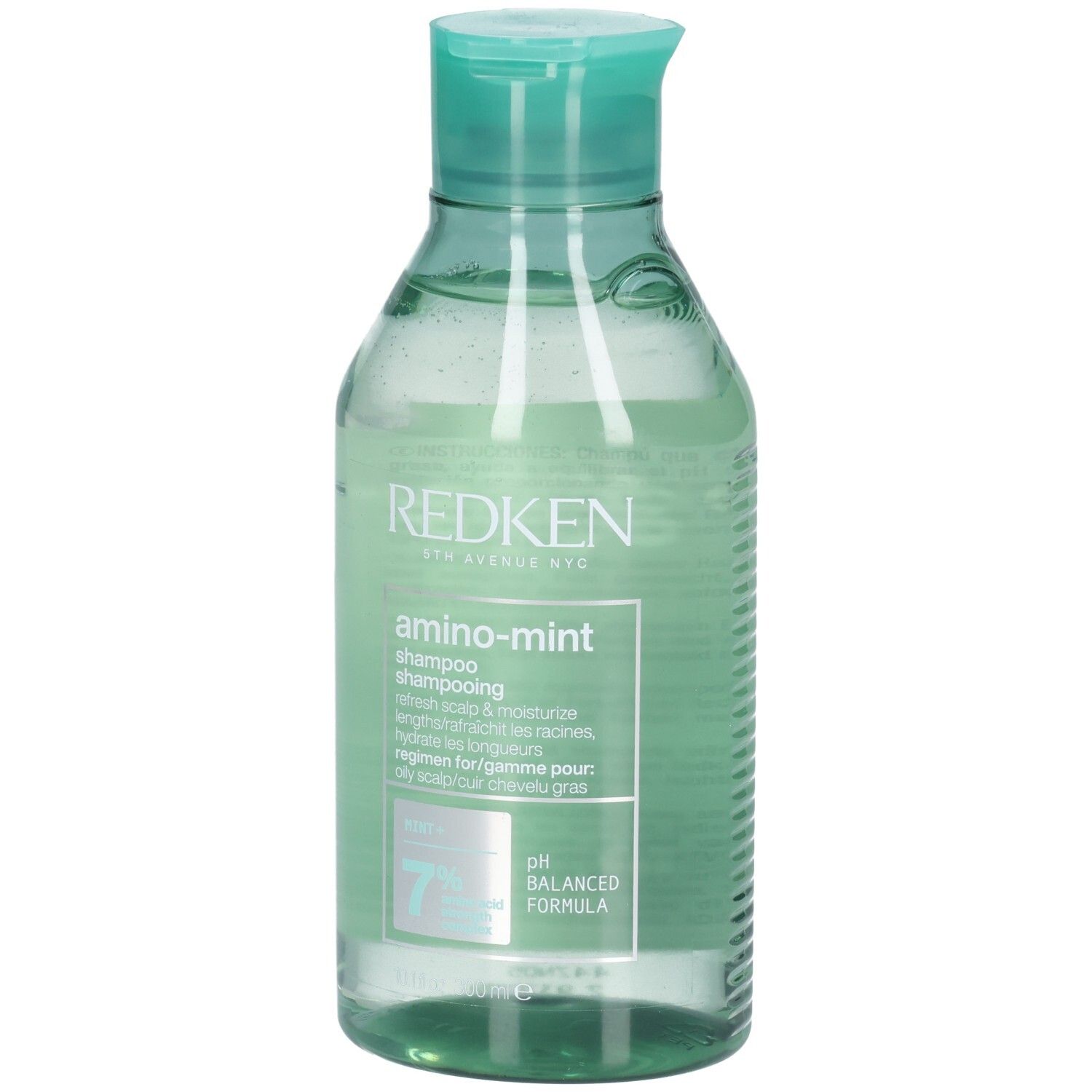 Redken Amino-Mint shampoo in doorzichtige fles met turquoise dop. Bevat 7% amino complex.
