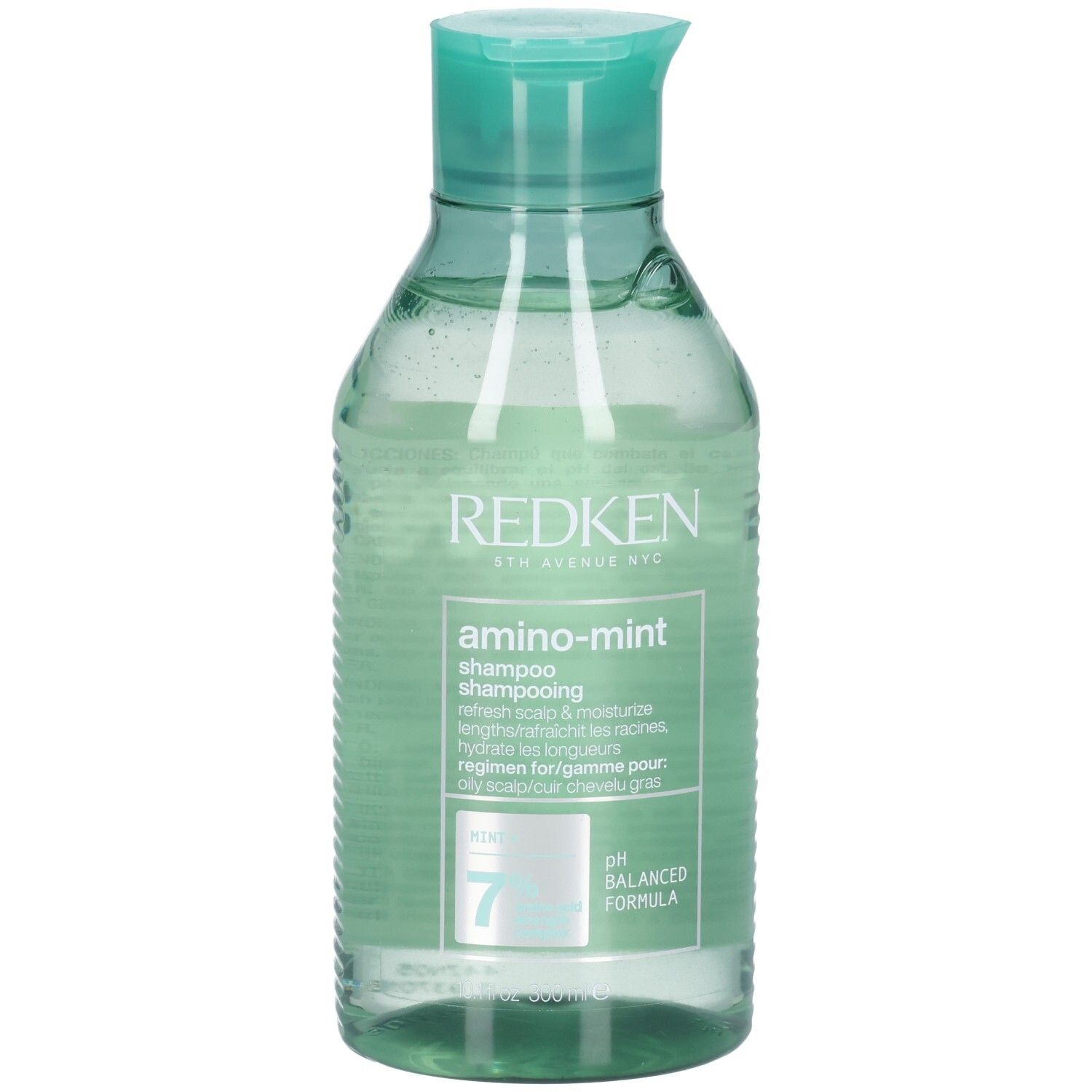 Redken Amino-Mint Shampoo, doorzichtige fles met turquoise dop. pH 7, gebalanceerde formule.