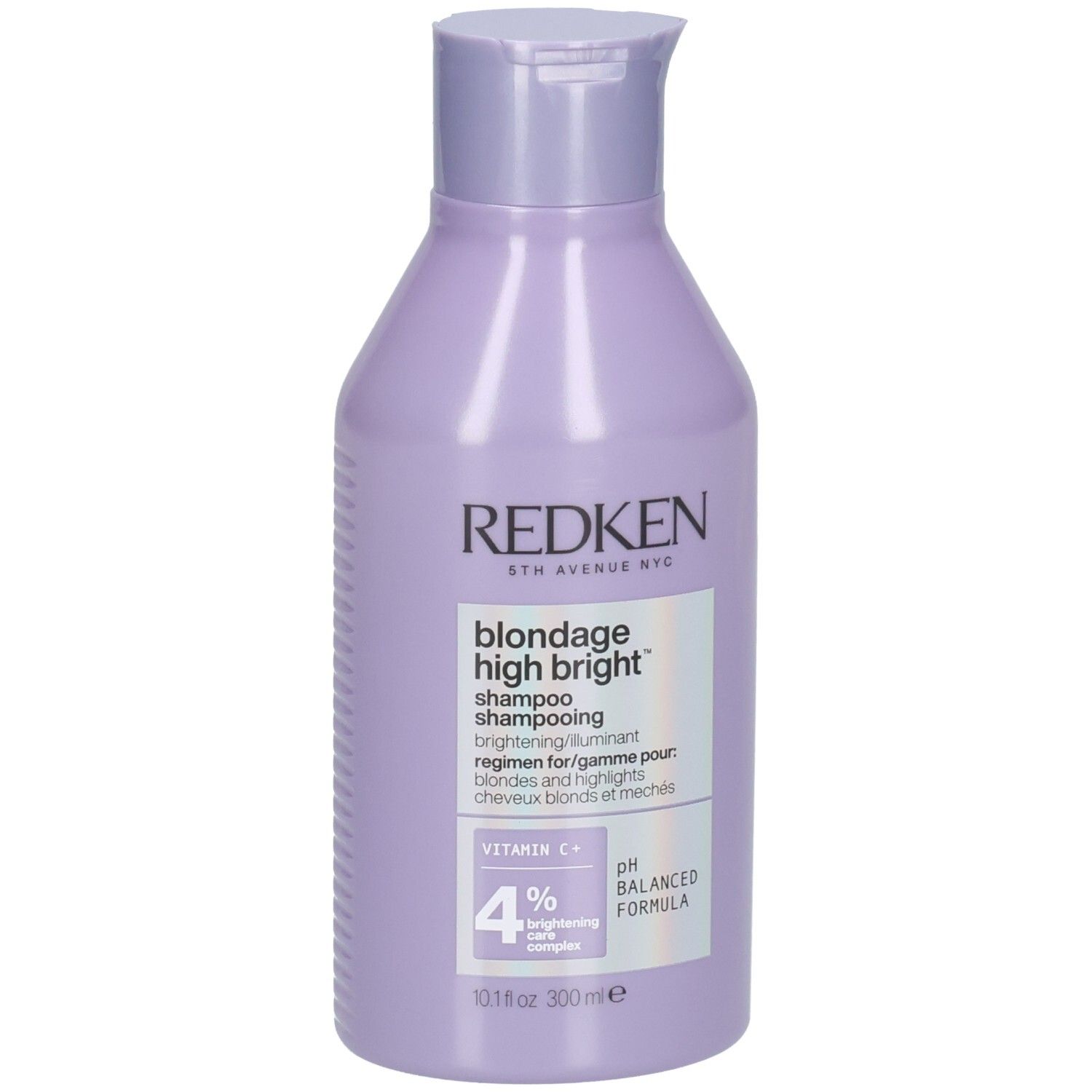 Fles Redken Blondage High Bright shampoo. Lila fles met wit etiket. Productnaam en ingrediënten.